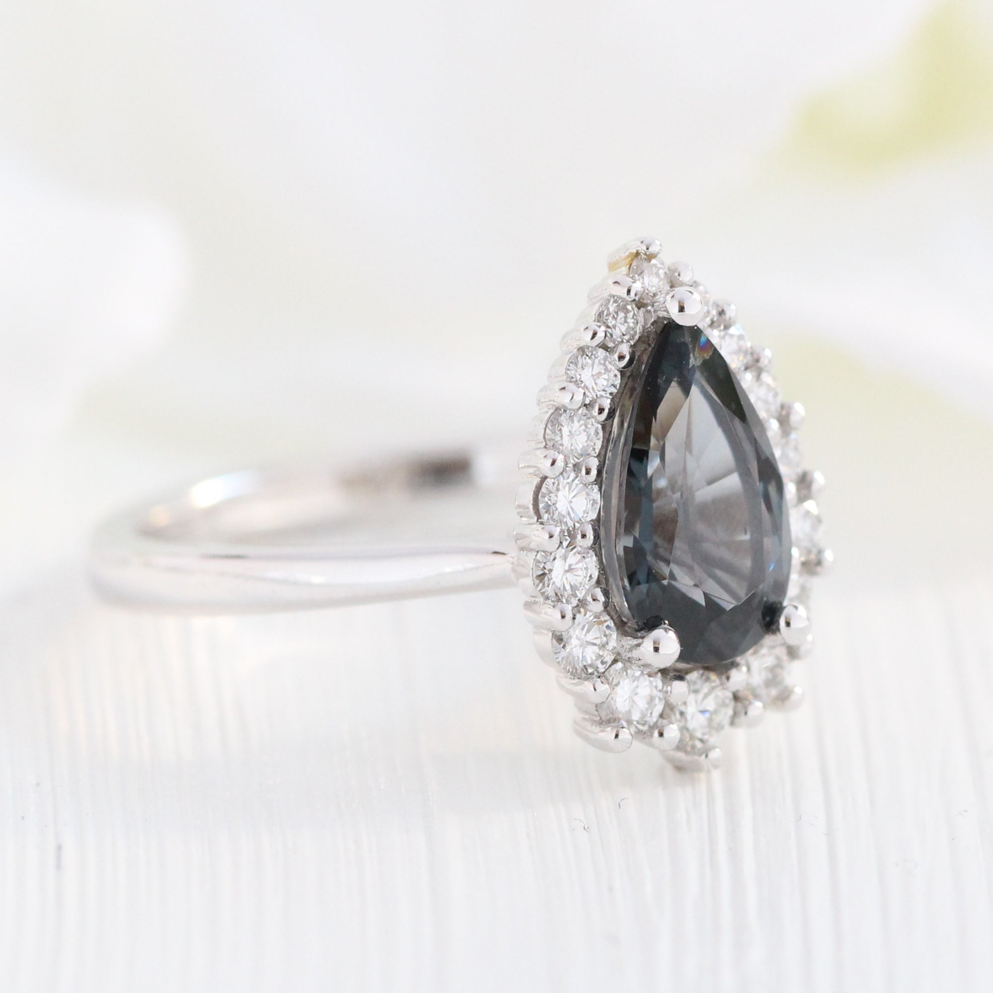 grey spinel ring white gold pear cut salt and pepper diamond ring halo engagement ring la more design jewelry
