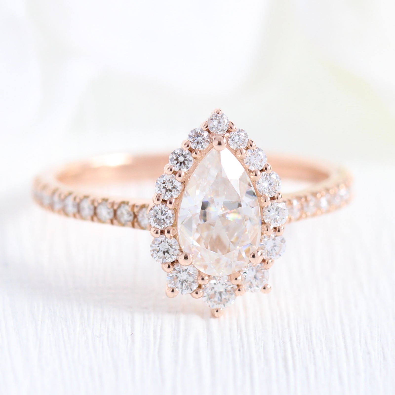 halo diamond moissanite engagement ring rose gold pear shaped ring low profile ring by la more design jewelry
