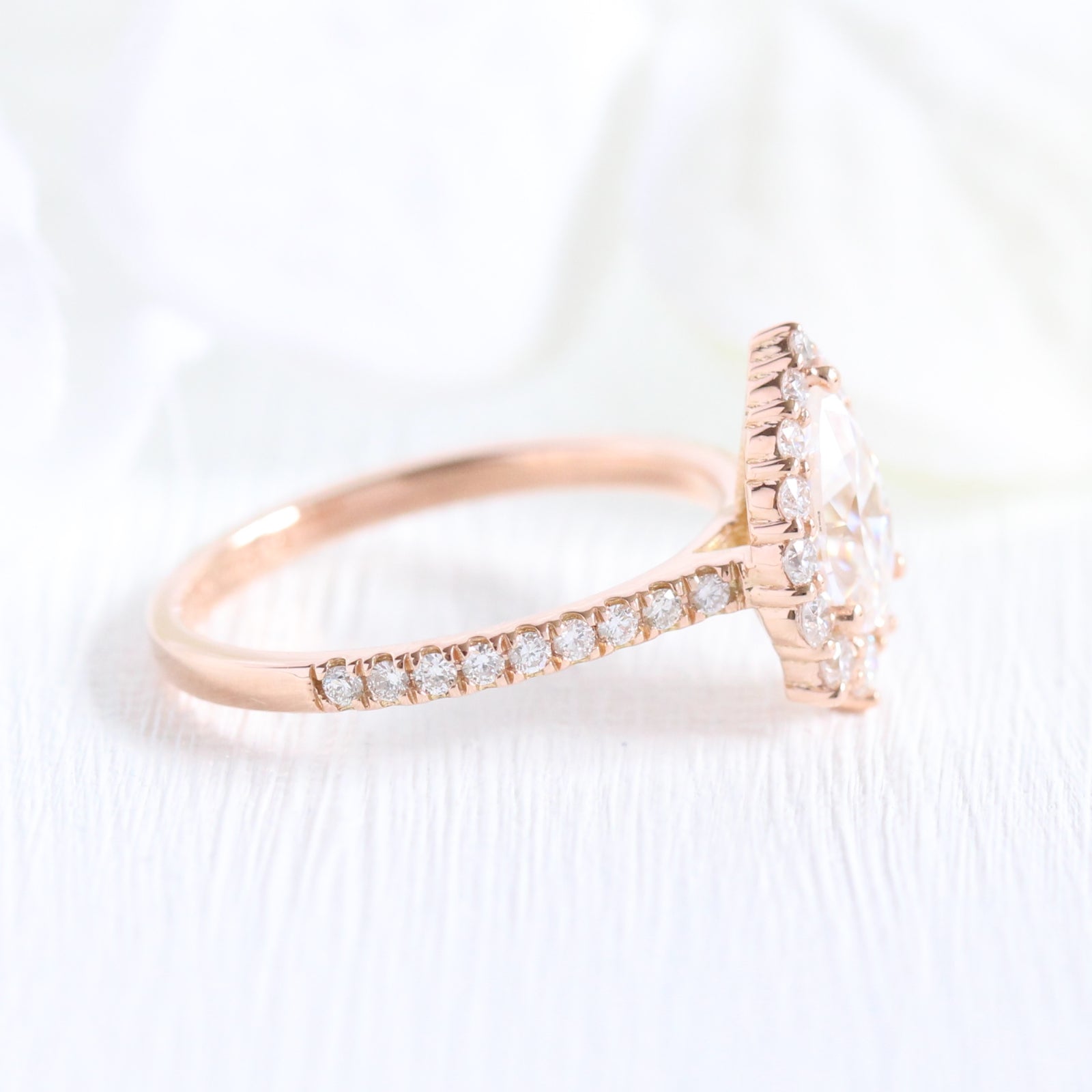 halo diamond moissanite engagement ring rose gold pear shaped ring low profile ring by la more design jewelry