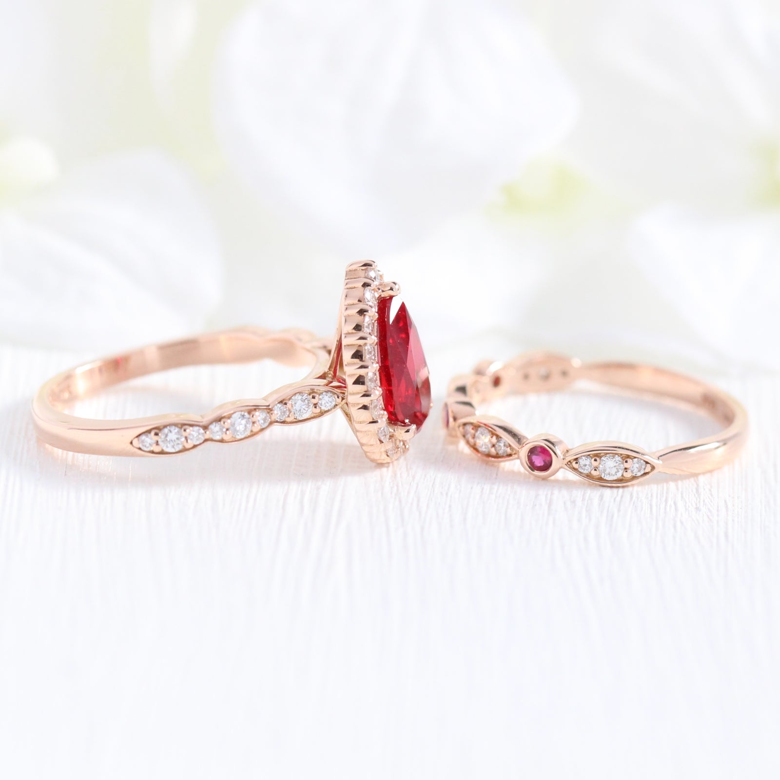 halo diamond pear ruby engagement ring rose gold bridal set ruby diamond wedding band by la more design jewelry