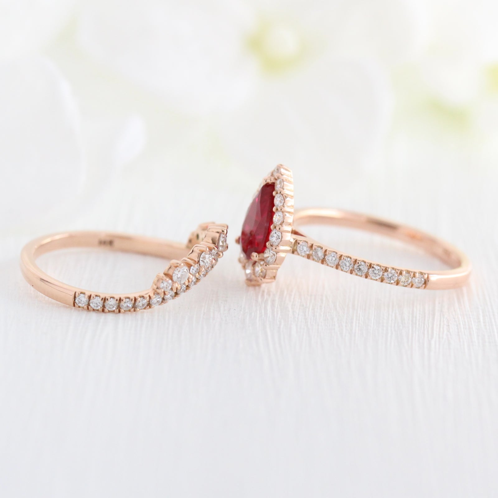 halo diamond ruby engagement ring bridal set rose gold and curved crown diamond wedding band by la more design jewelry