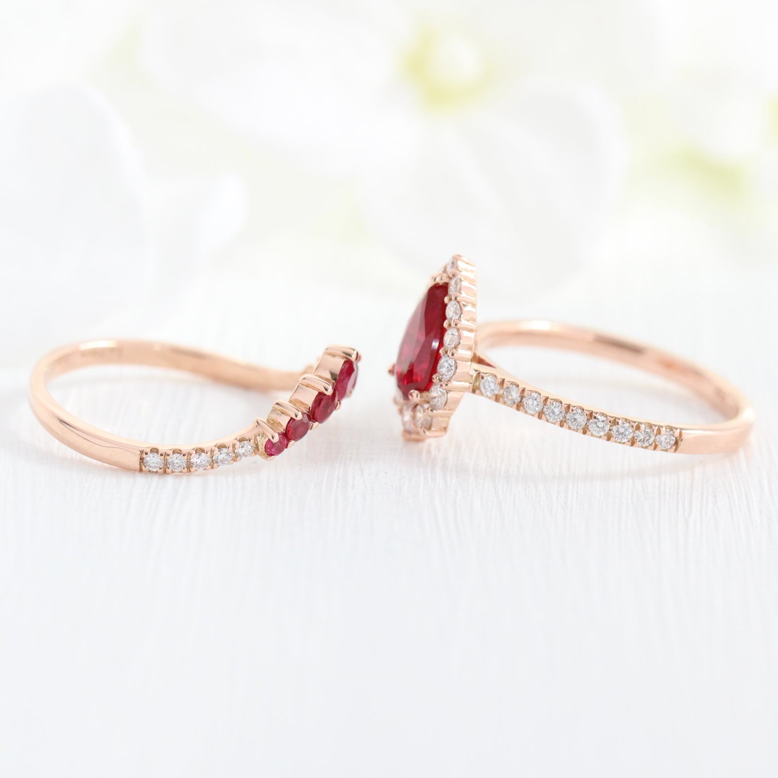 halo diamond ruby engagement ring bridal set rose gold and ruby diamond wedding band by la more design jewelry