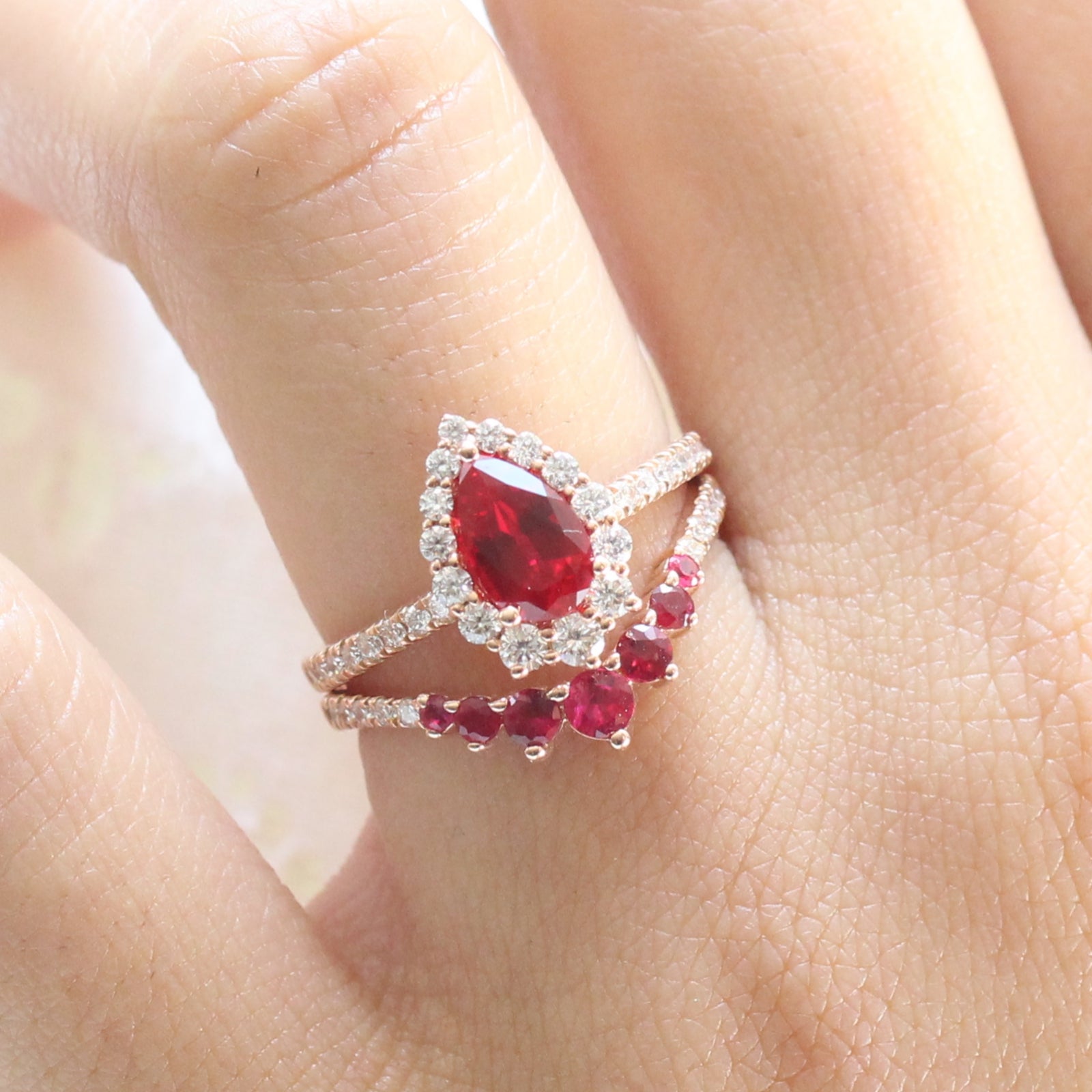 halo diamond ruby engagement ring bridal set rose gold and ruby diamond wedding band by la more design jewelry