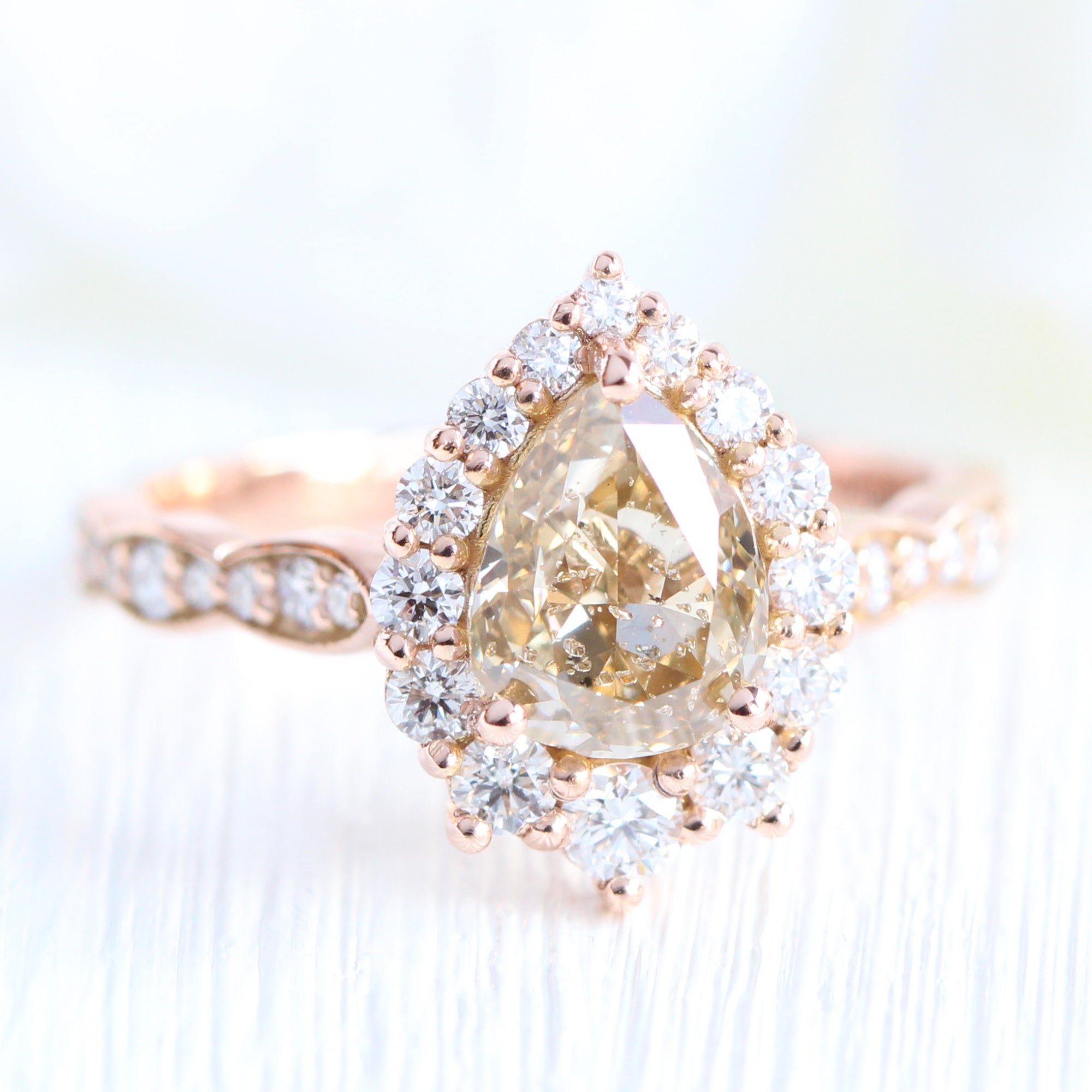 halo champagne diamond ring rose gold pear engagement ring la more design jewelry