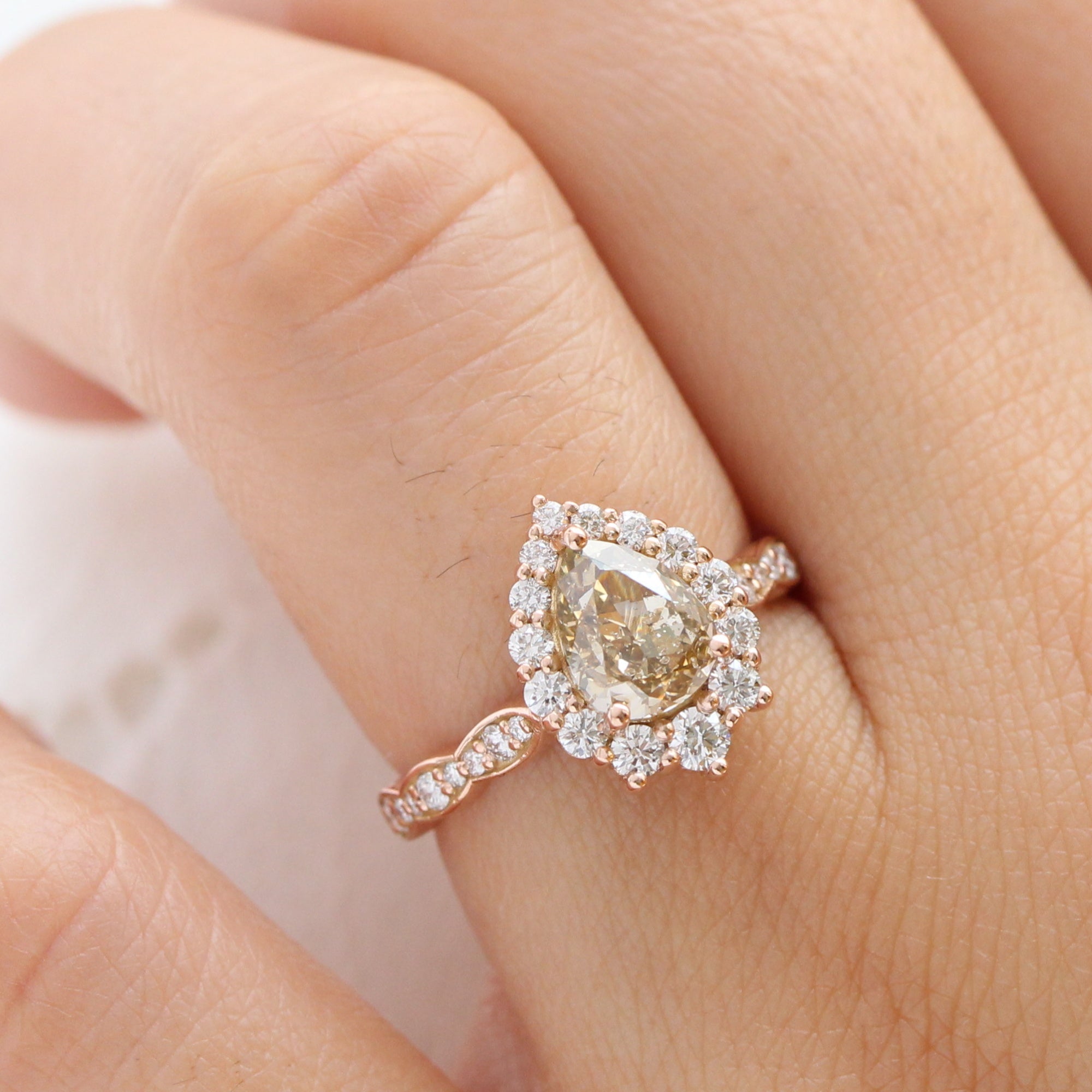 halo champagne diamond ring rose gold pear engagement ring la more design jewelry