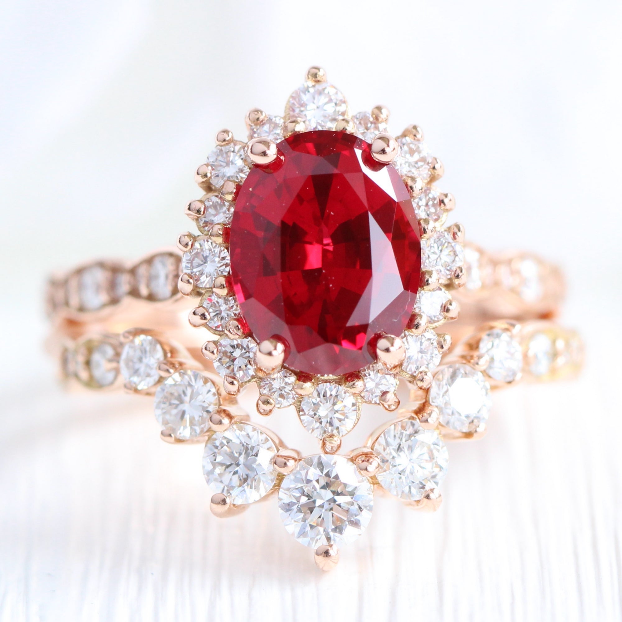 halo diamond large oval ruby ring stack rose gold deep curved wedding band la more design jewelry