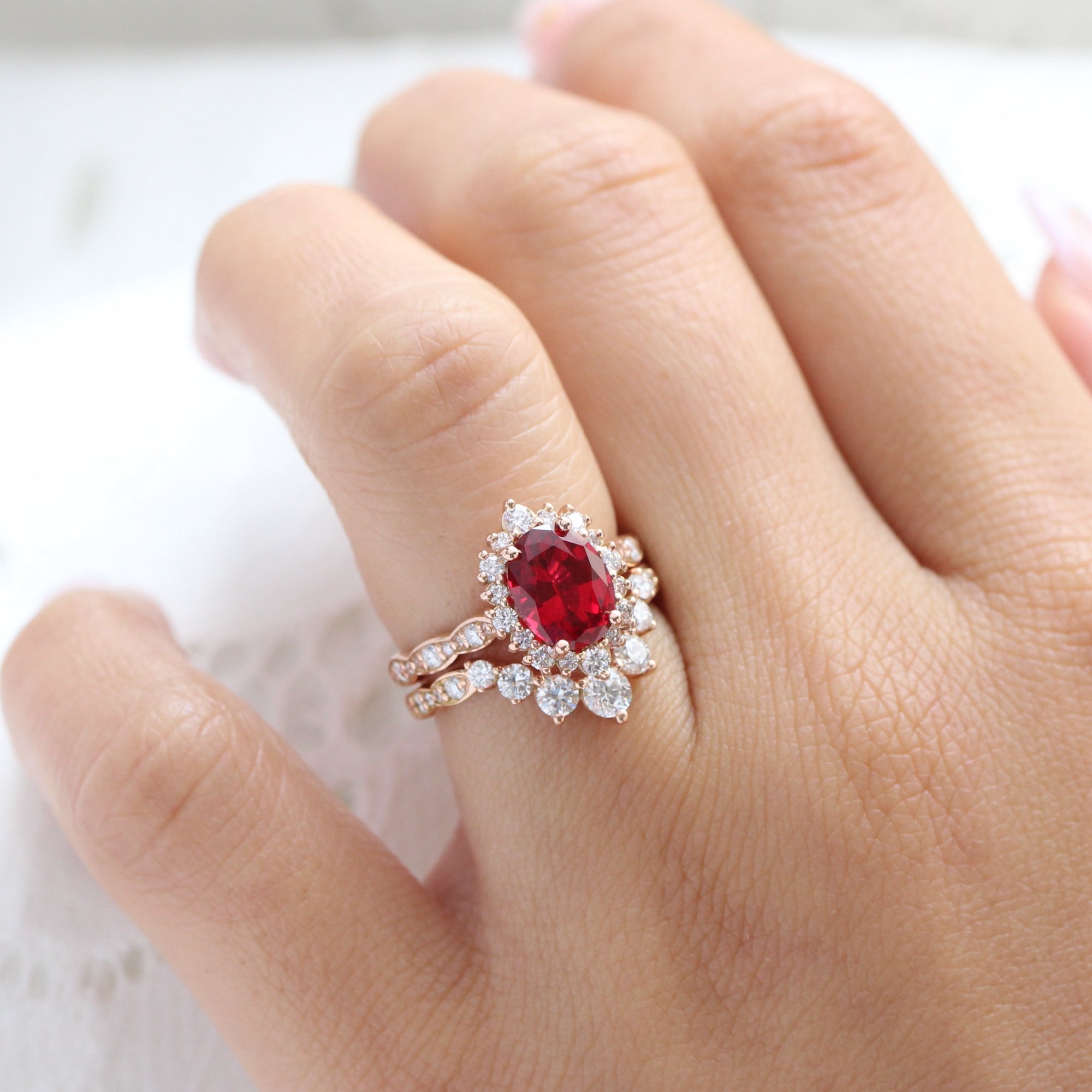 halo diamond large oval ruby ring stack rose gold deep curved wedding band la more design jewelry