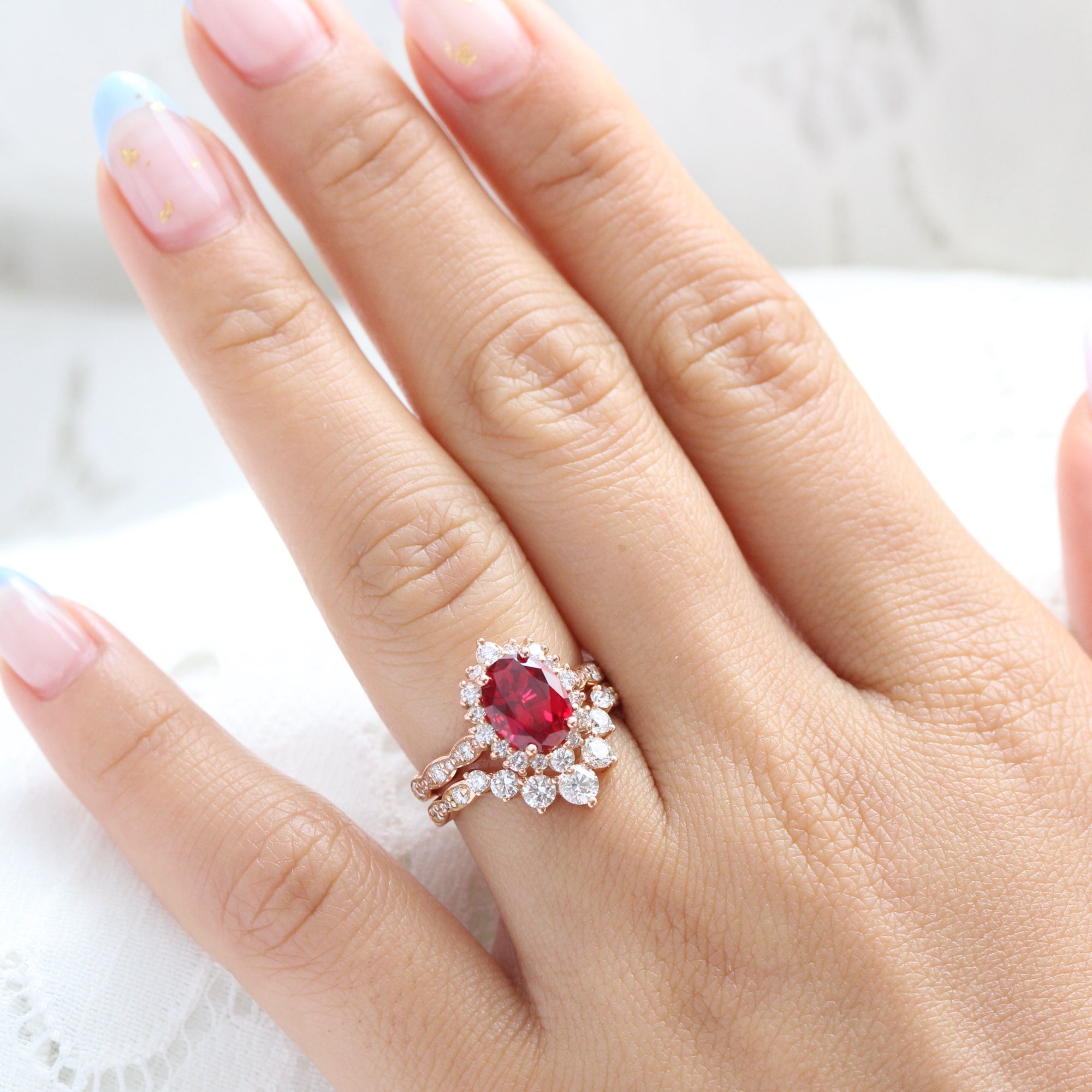 halo diamond large oval ruby ring stack rose gold deep curved wedding band la more design jewelry