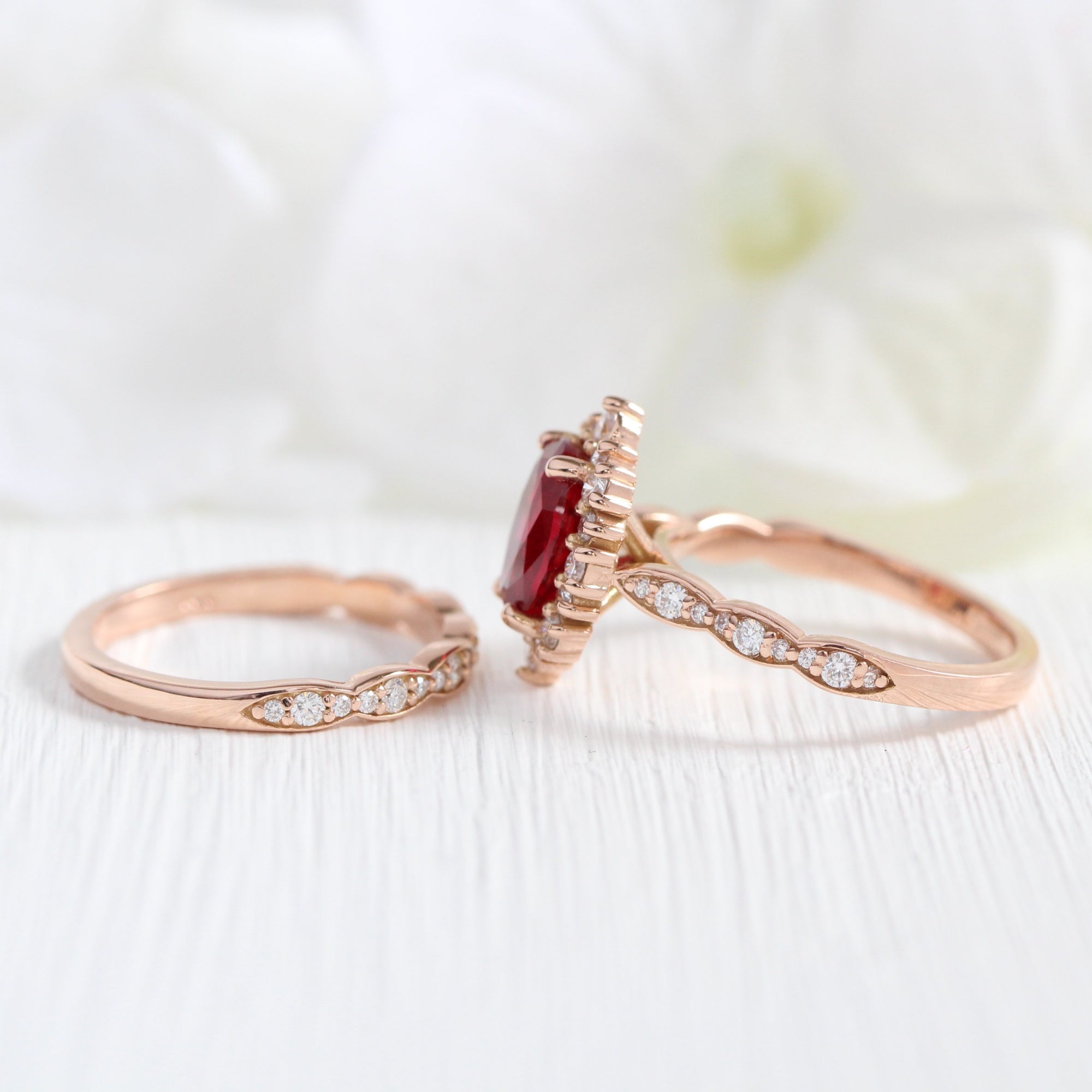 halo diamond large oval ruby ring stack rose gold eternity wedding band la more design jewelry