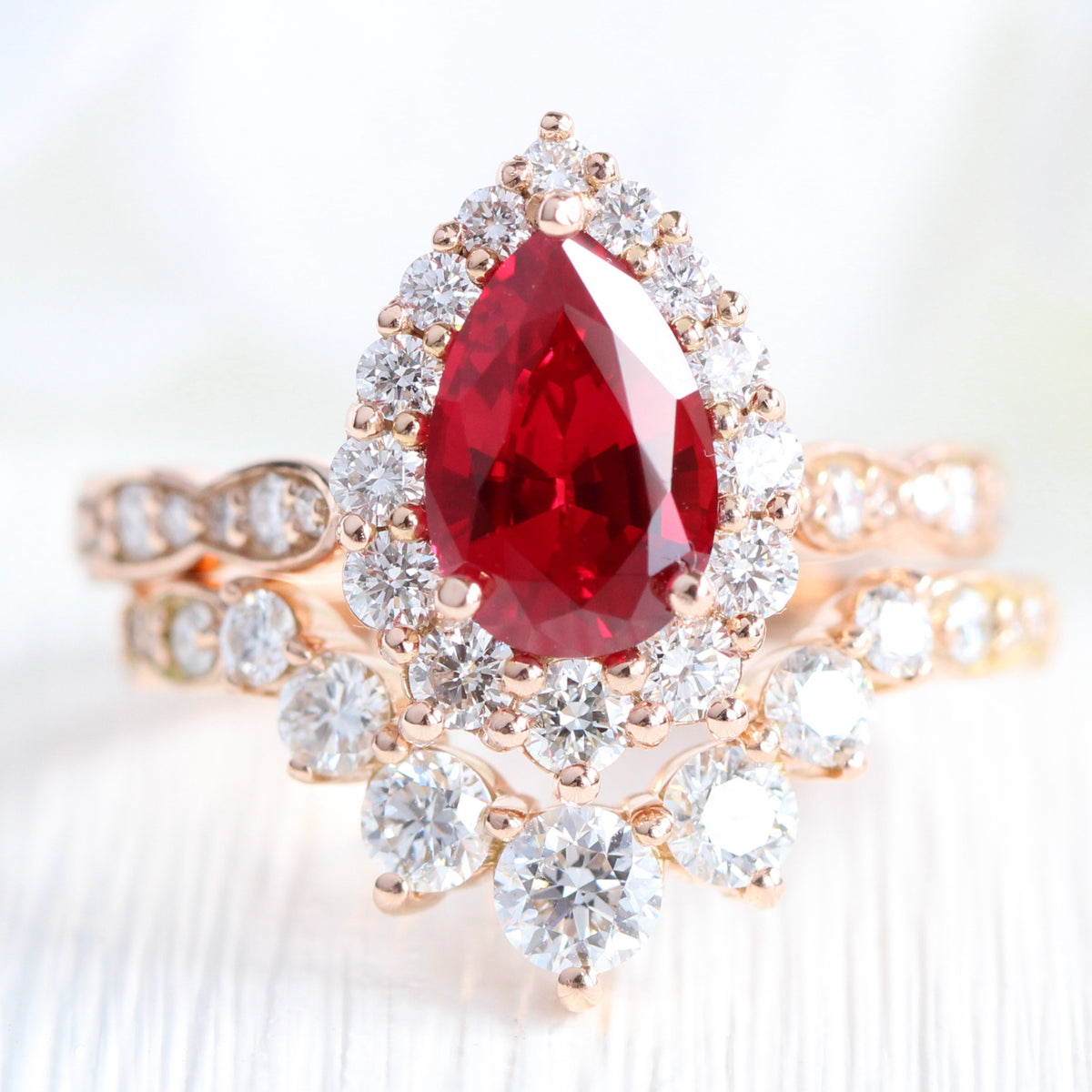 halo diamond large pear ruby ring stack rose gold deep curved wedding band la more design jewelry