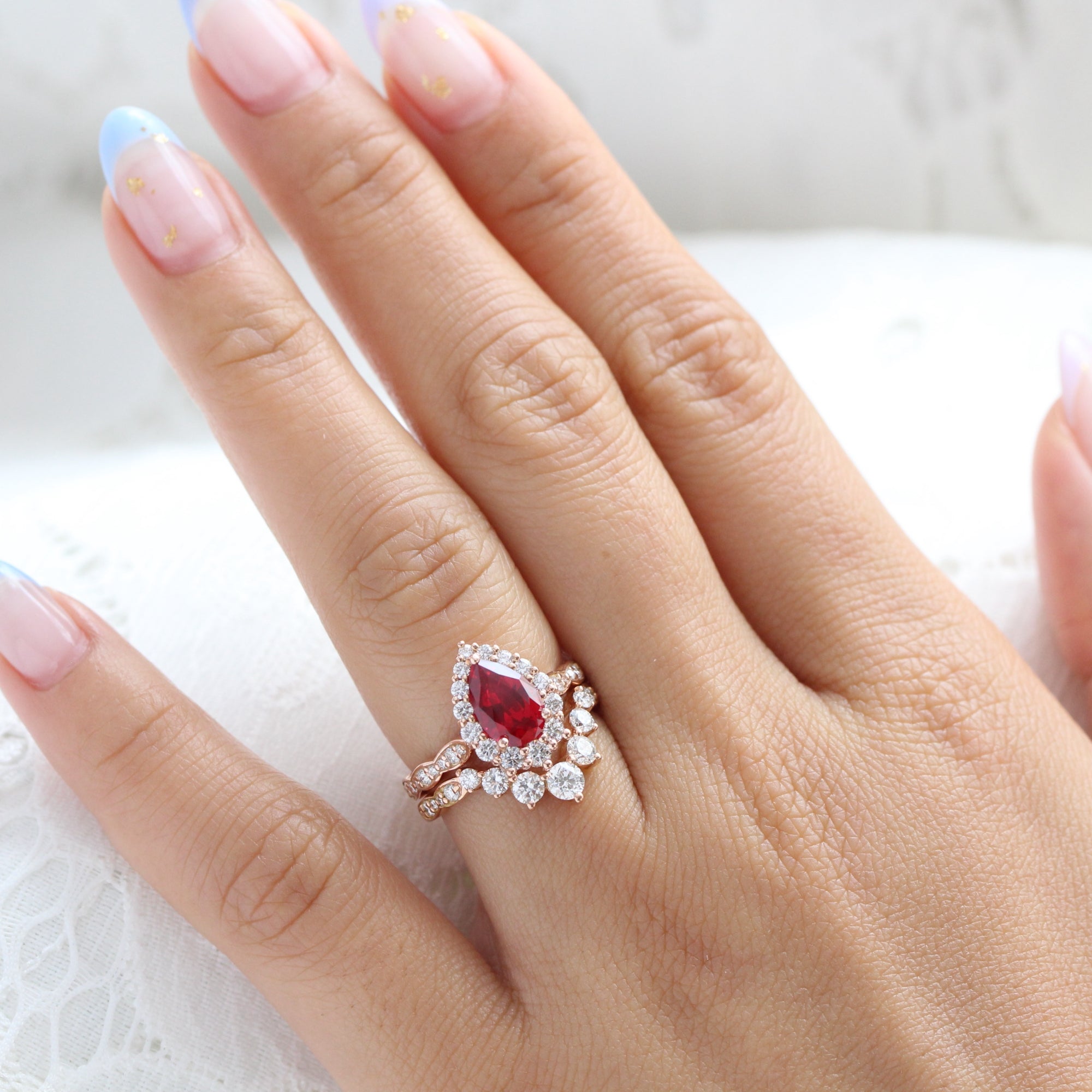 halo diamond large pear ruby ring stack rose gold deep curved wedding band la more design jewelry