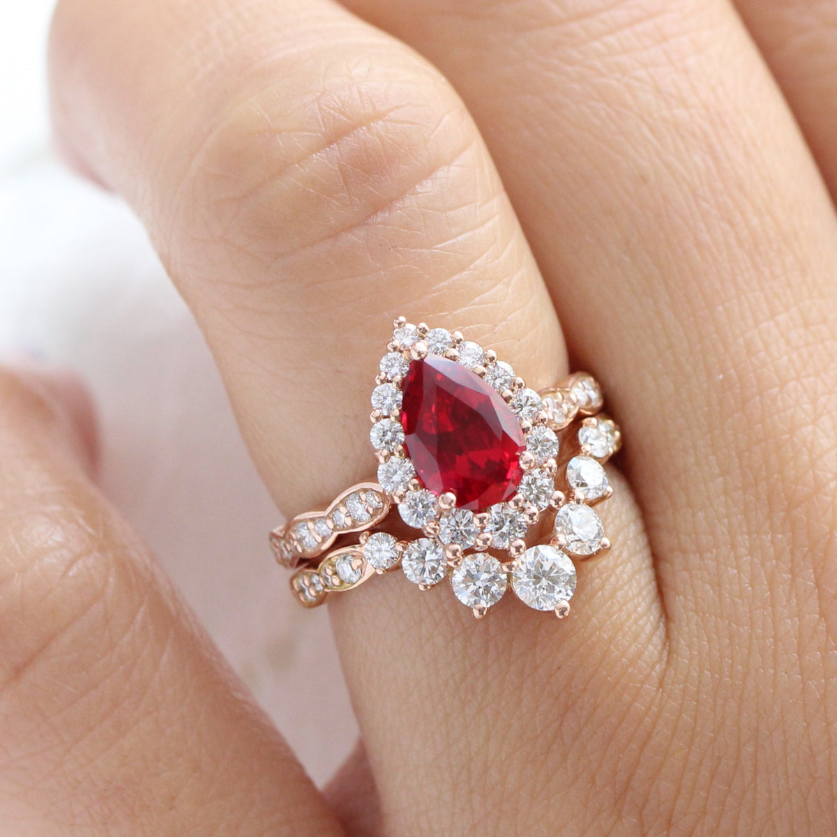 halo diamond large pear ruby ring stack rose gold deep curved wedding band la more design jewelry