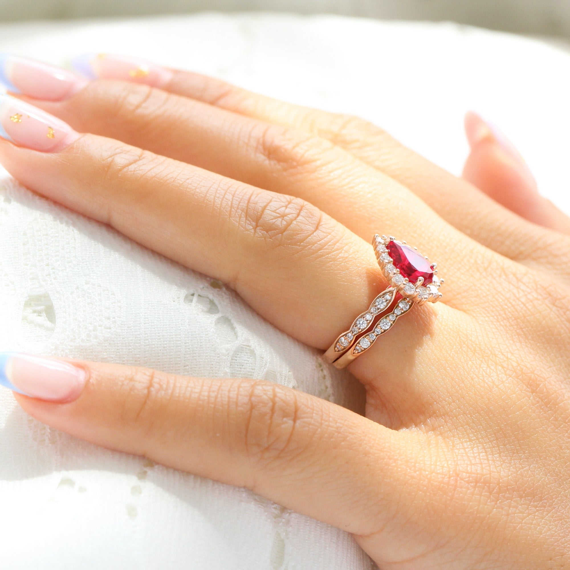 halo diamond large pear ruby ring stack rose gold eternity wedding band la more design jewelry