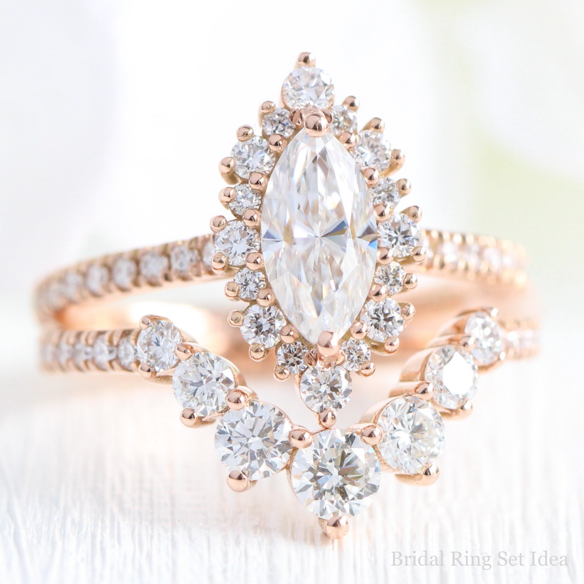 halo diamond marquise moissanite engagement ring rose gold curved wedding band bridal set la more design jewelry