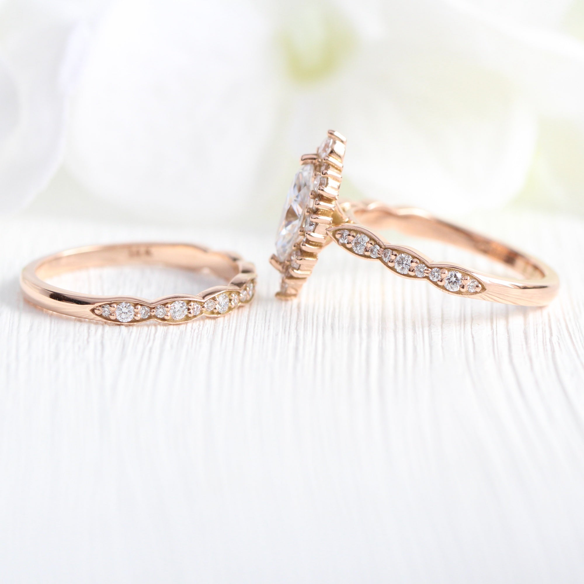 halo diamond marquise moissanite engagement ring rose gold scalloped wedding band bridal set la more design jewelry