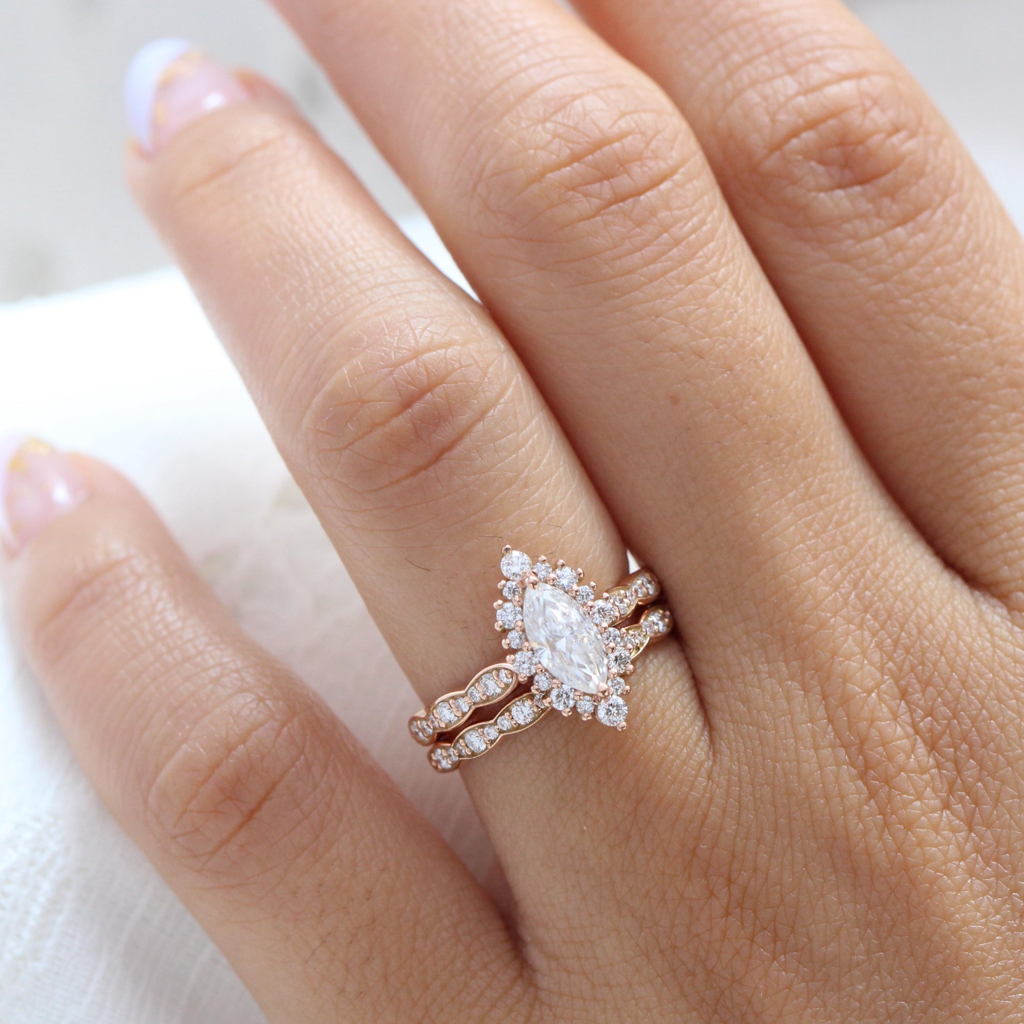 halo diamond marquise moissanite engagement ring rose gold scalloped wedding band bridal set la more design jewelry