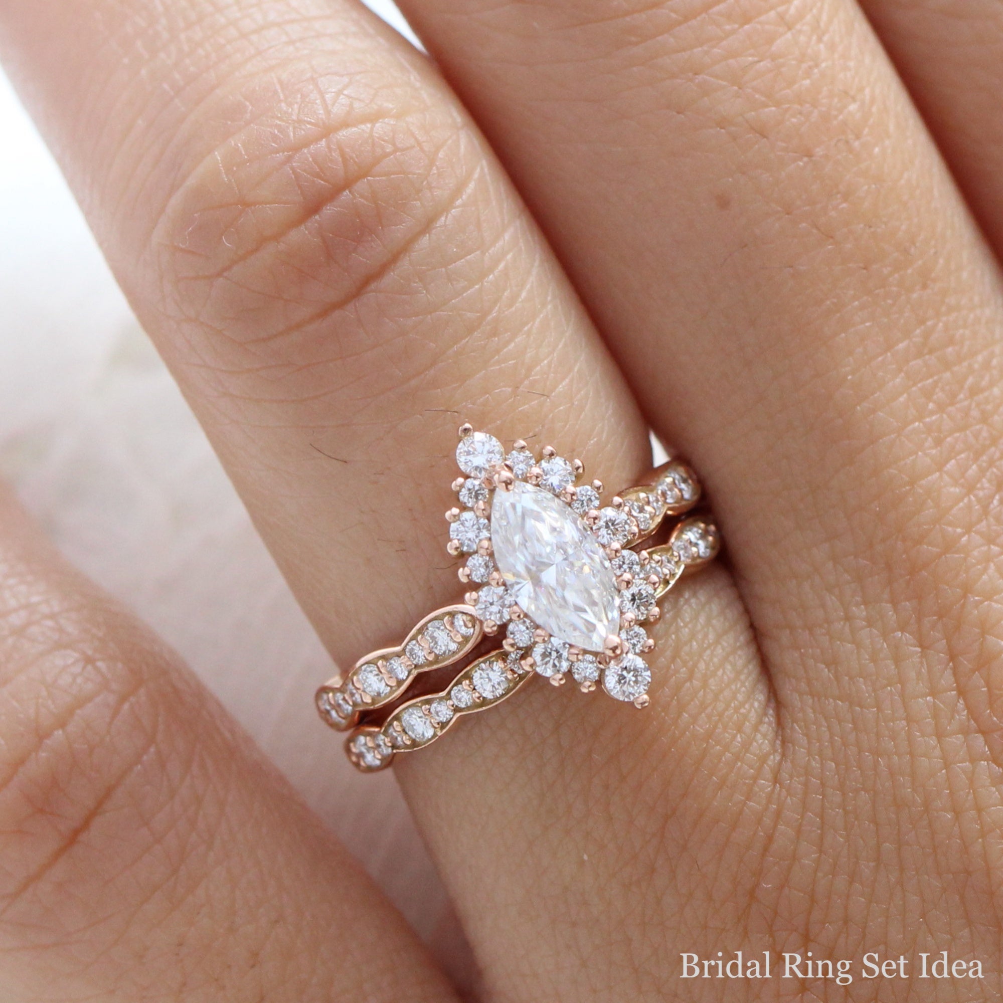 halo diamond marquise moissanite engagement ring rose gold scalloped wedding band bridal set la more design jewelry