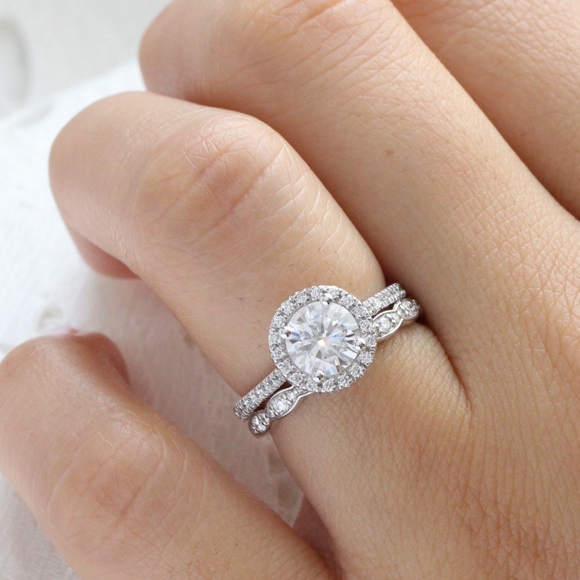 halo diamond moissanite ring white gold eternity wedding ring stack la more design jewelry