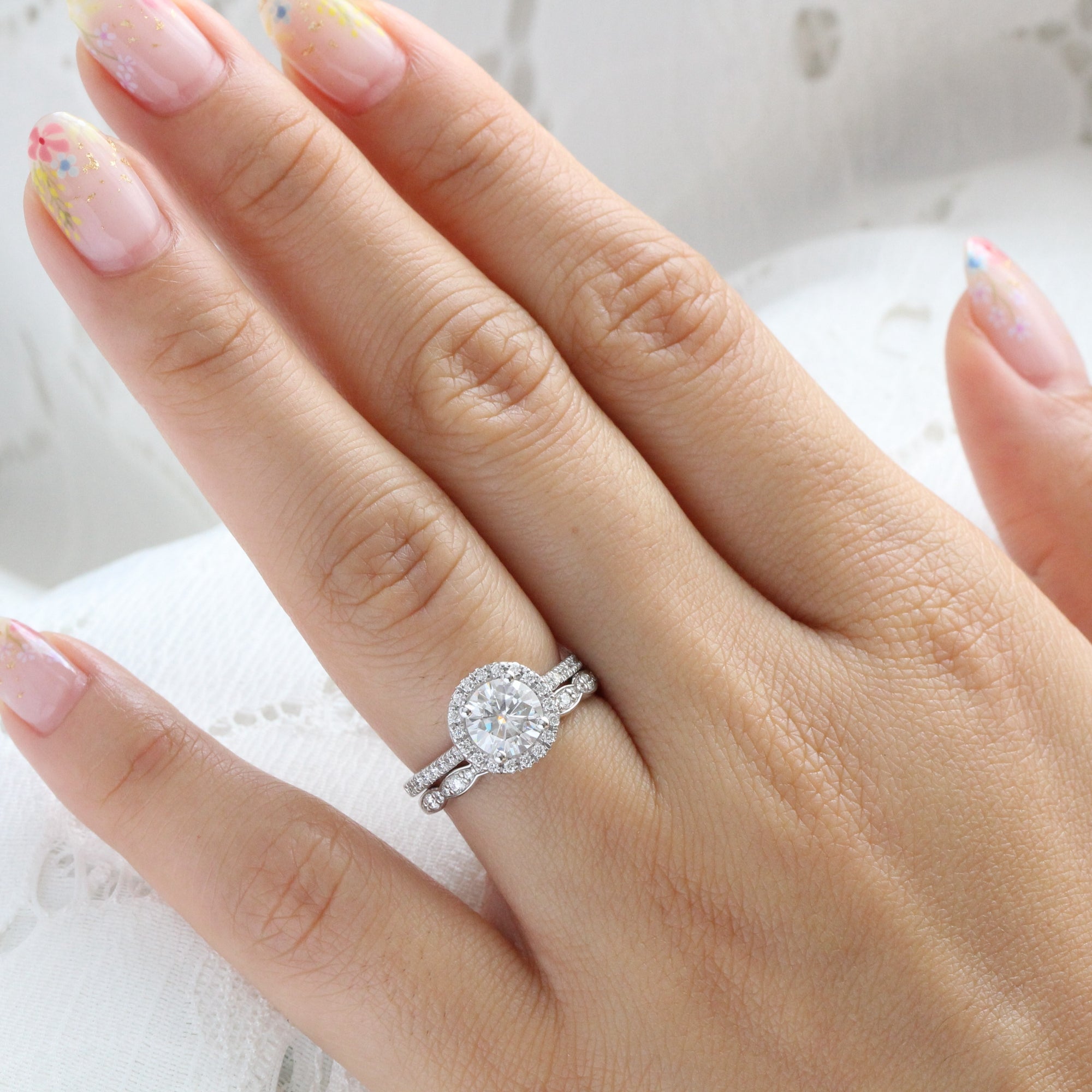 halo diamond moissanite ring white gold eternity wedding ring stack la more design jewelry