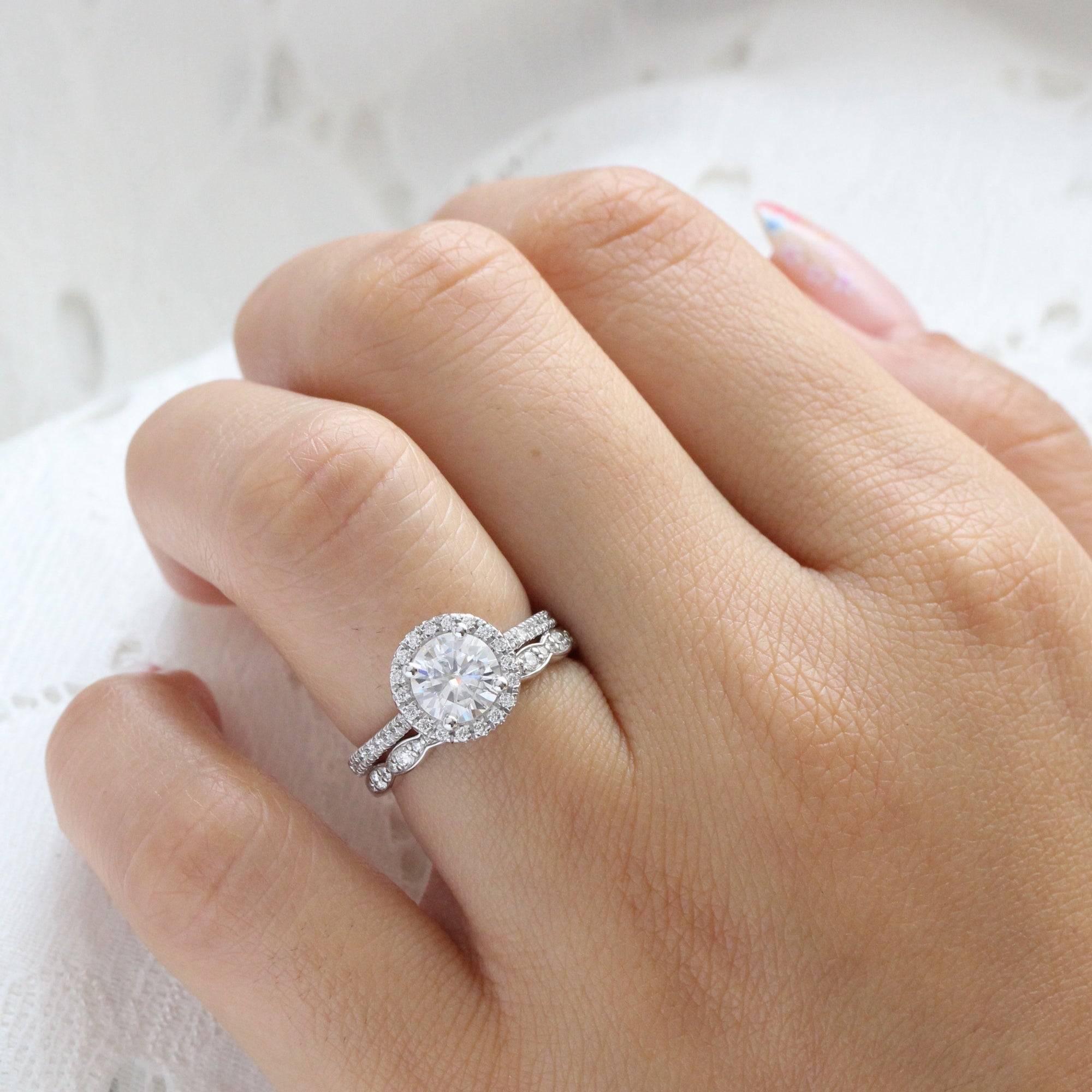 halo diamond moissanite ring white gold eternity wedding ring stack la more design jewelry