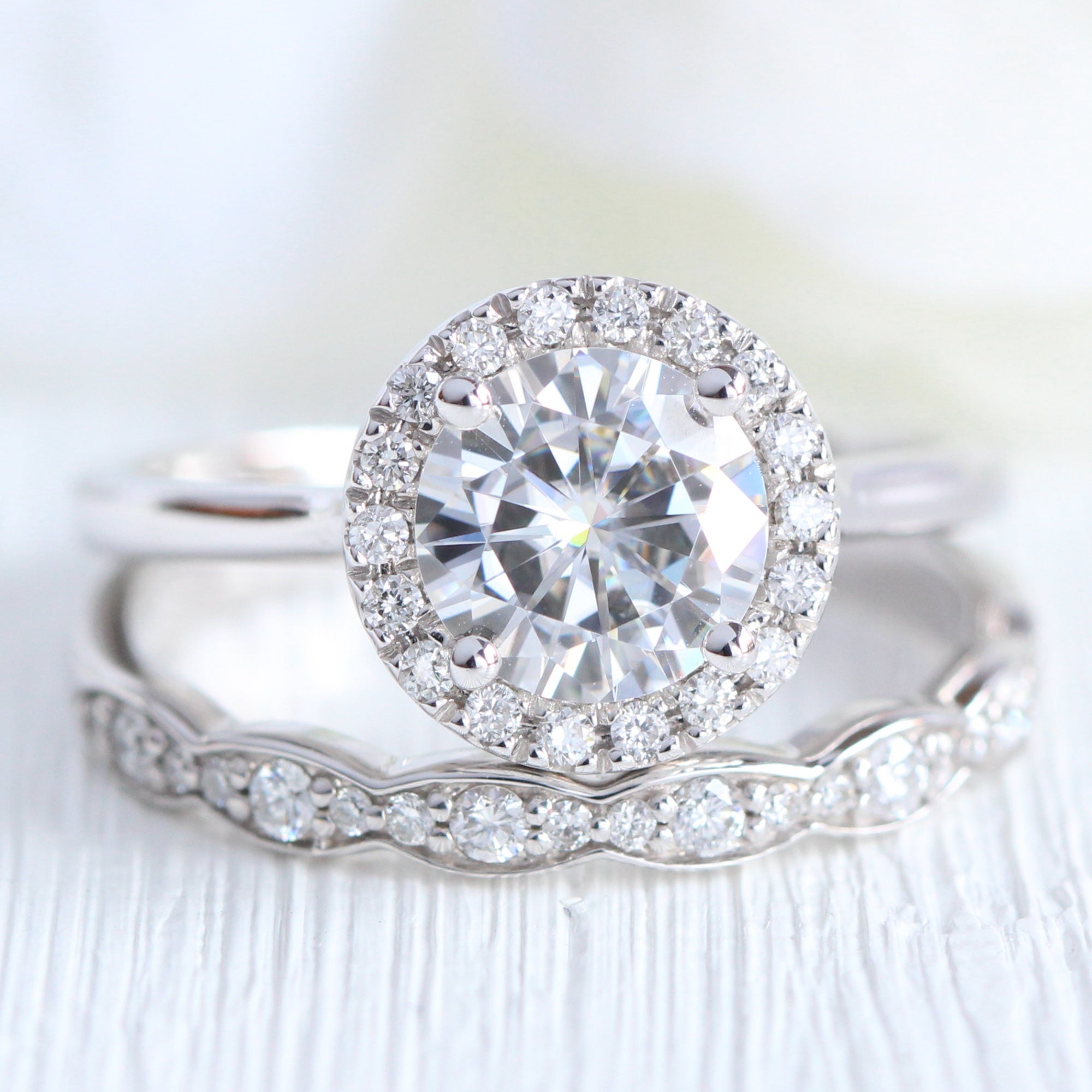 halo diamond moissanite ring white gold eternity wedding ring stack la more design jewelry