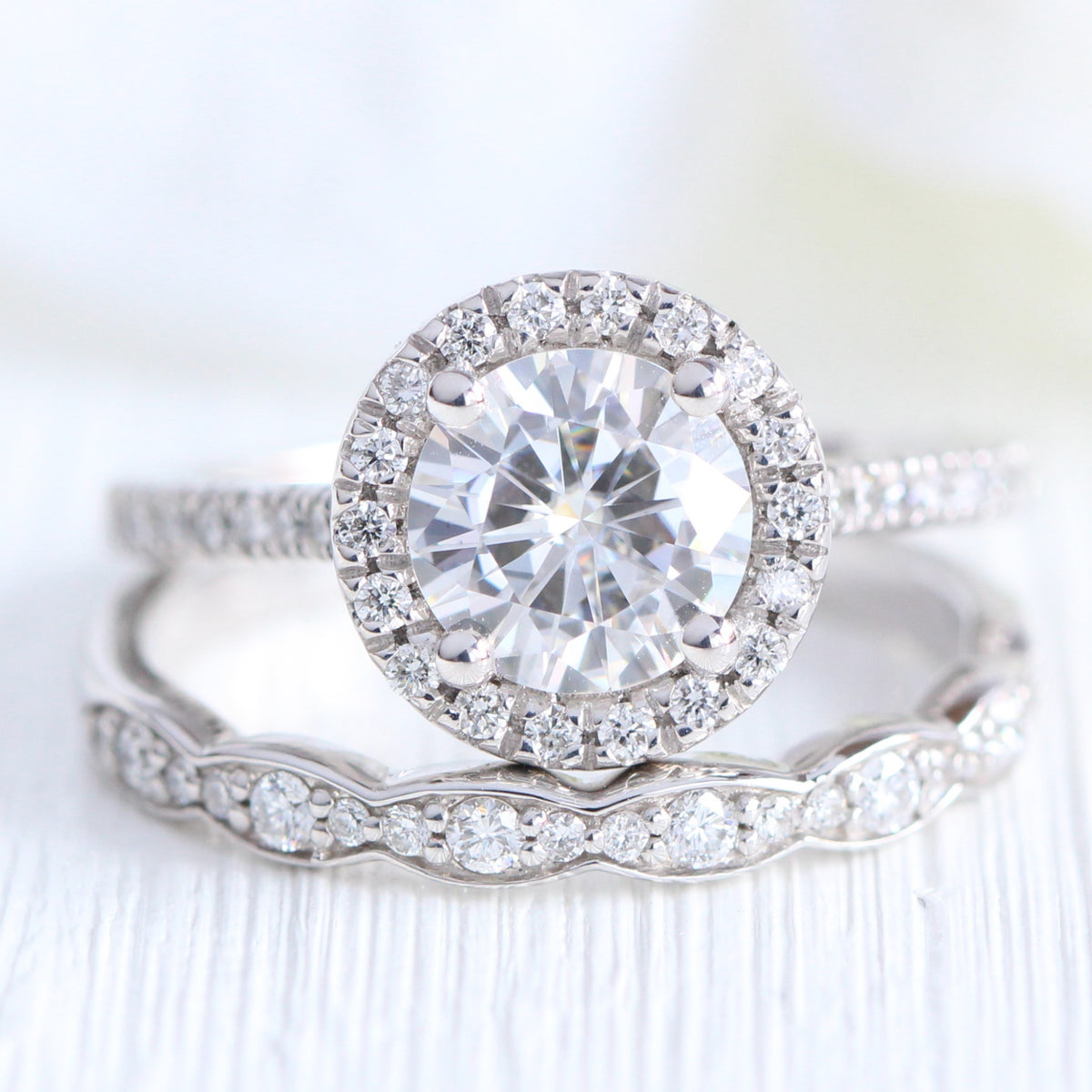 halo diamond moissanite ring white gold eternity wedding ring stack la more design jewelry