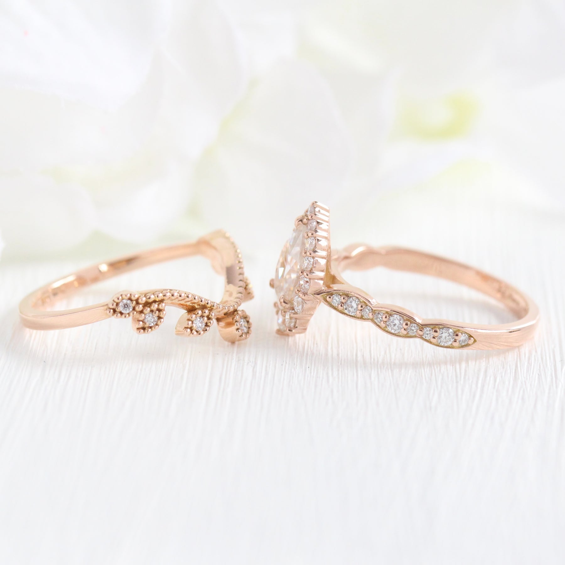 halo diamond pear moissanite engagement ring and curved wedding band la more design jewelry