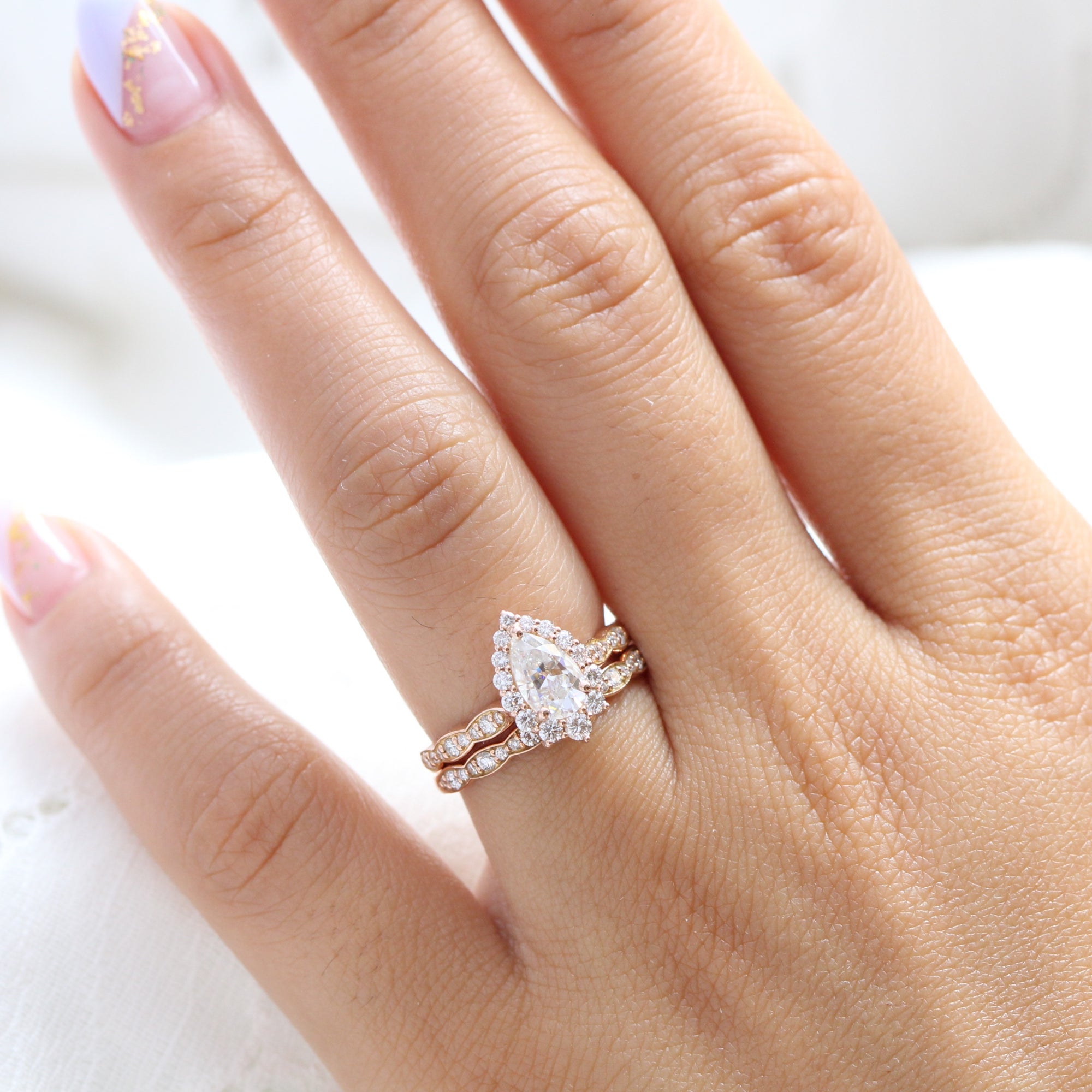 halo diamond pear moissanite engagement ring rose gold bridal set cluster ring la more design jewelry