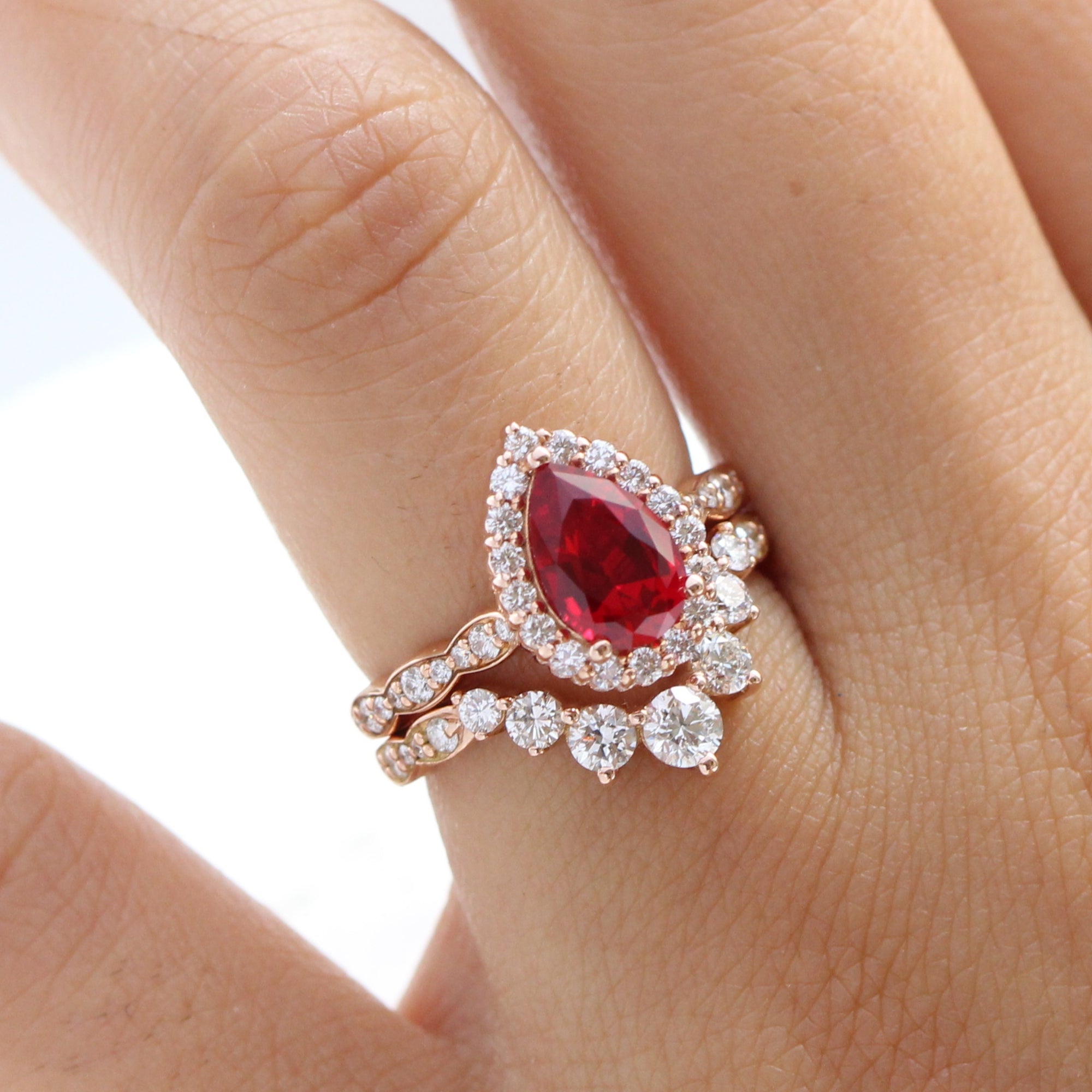 Lab Ruby Solitaire Ring Edwardian Style Ruby Chevron Engagement Ring 14K  Ruby Zirconia Halo Bridal Wedding Ring Pear Shape Ruby Anniversary. - Rings