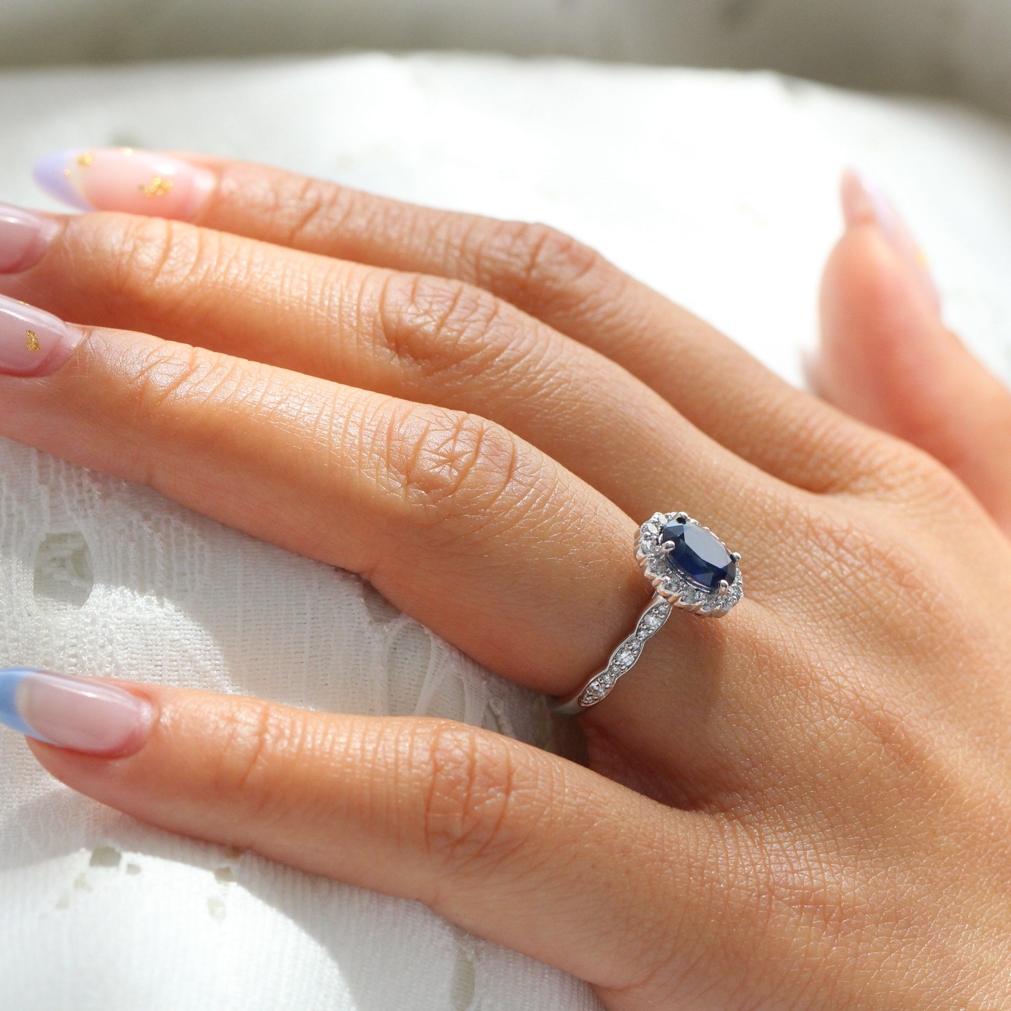halo diamond sapphire engagement ring in white gold scalloped band by la more design jewelry