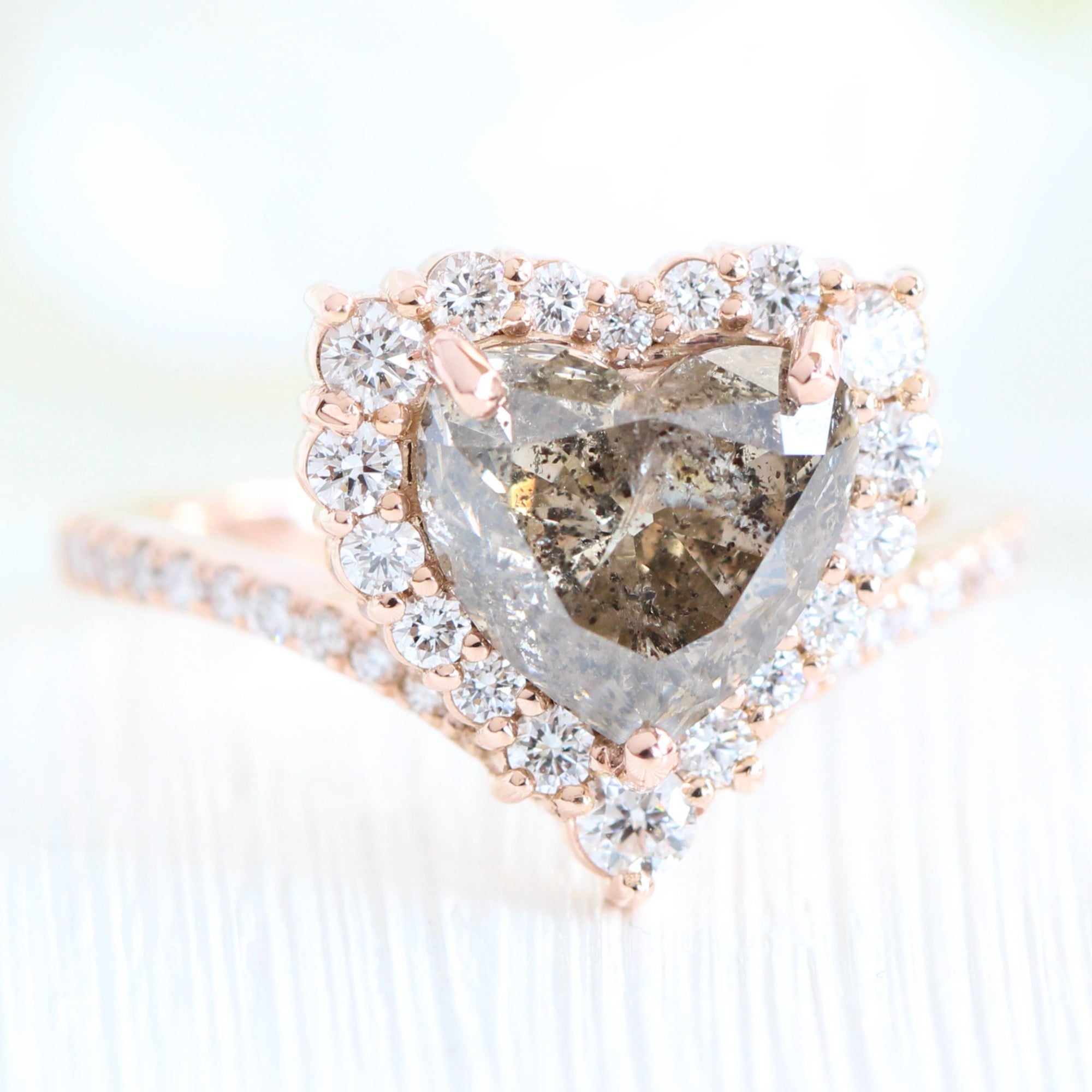 3.20 Ct Salt and Pepper Diamond Ring in 14k Rose Gold Tiara Halo Heart  Ring, Size 6.5