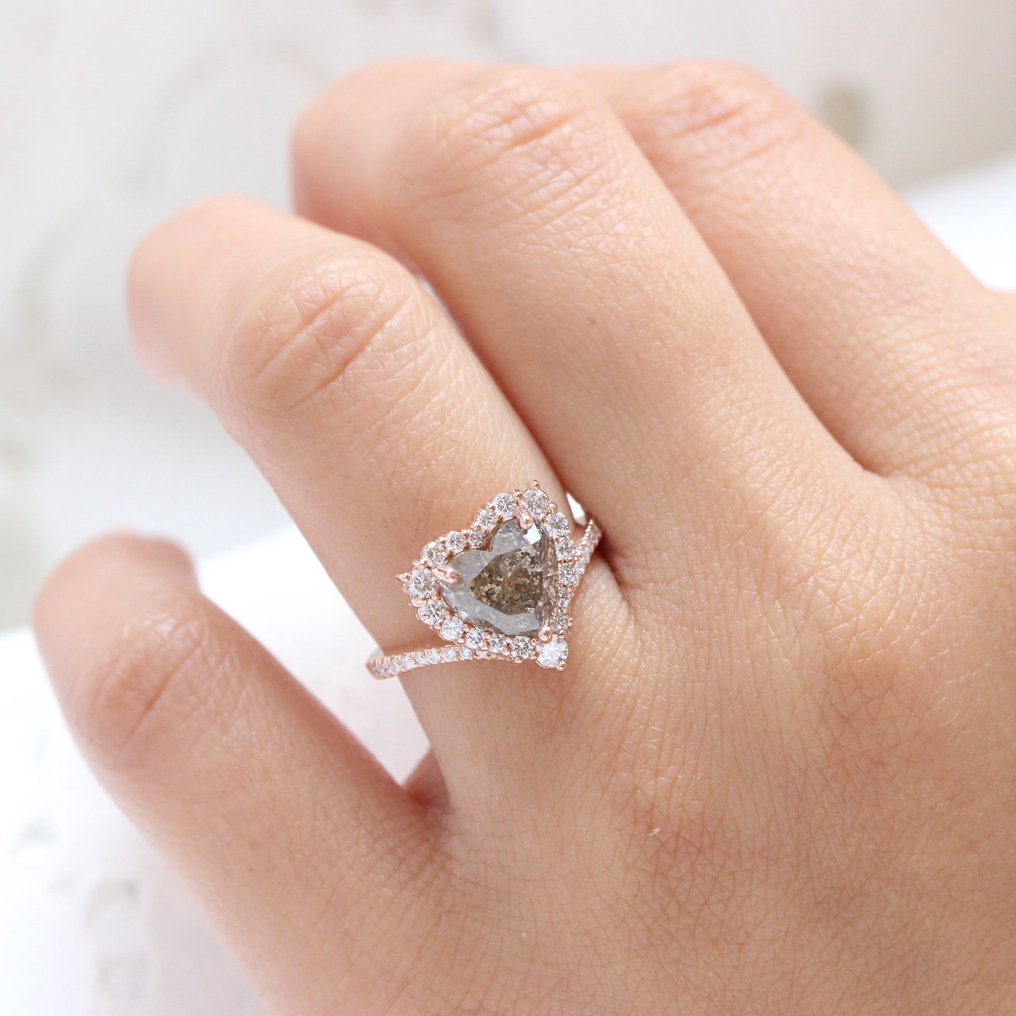 heart shaped diamond ring rose gold salt and pepper diamond halo ring la more design jewelry