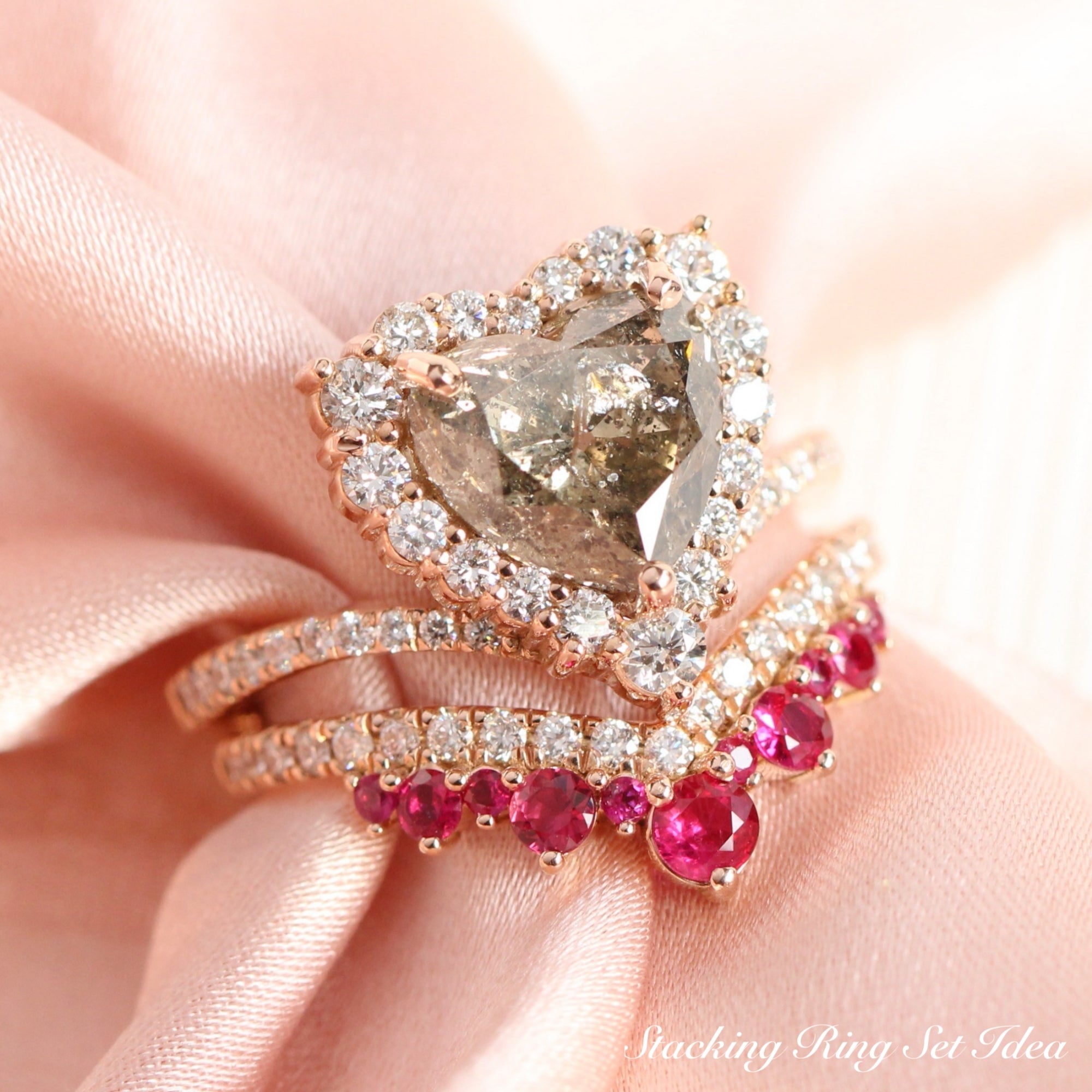 heart shape salt and pepper diamond engagement ring and ruby wedding band stack la more design jewelry