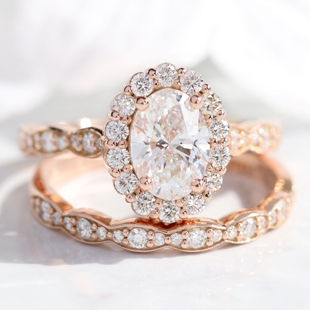 Luna Halo Engagement Rings, Halo Bridal Set Wedding Ring Stacks Gold ...