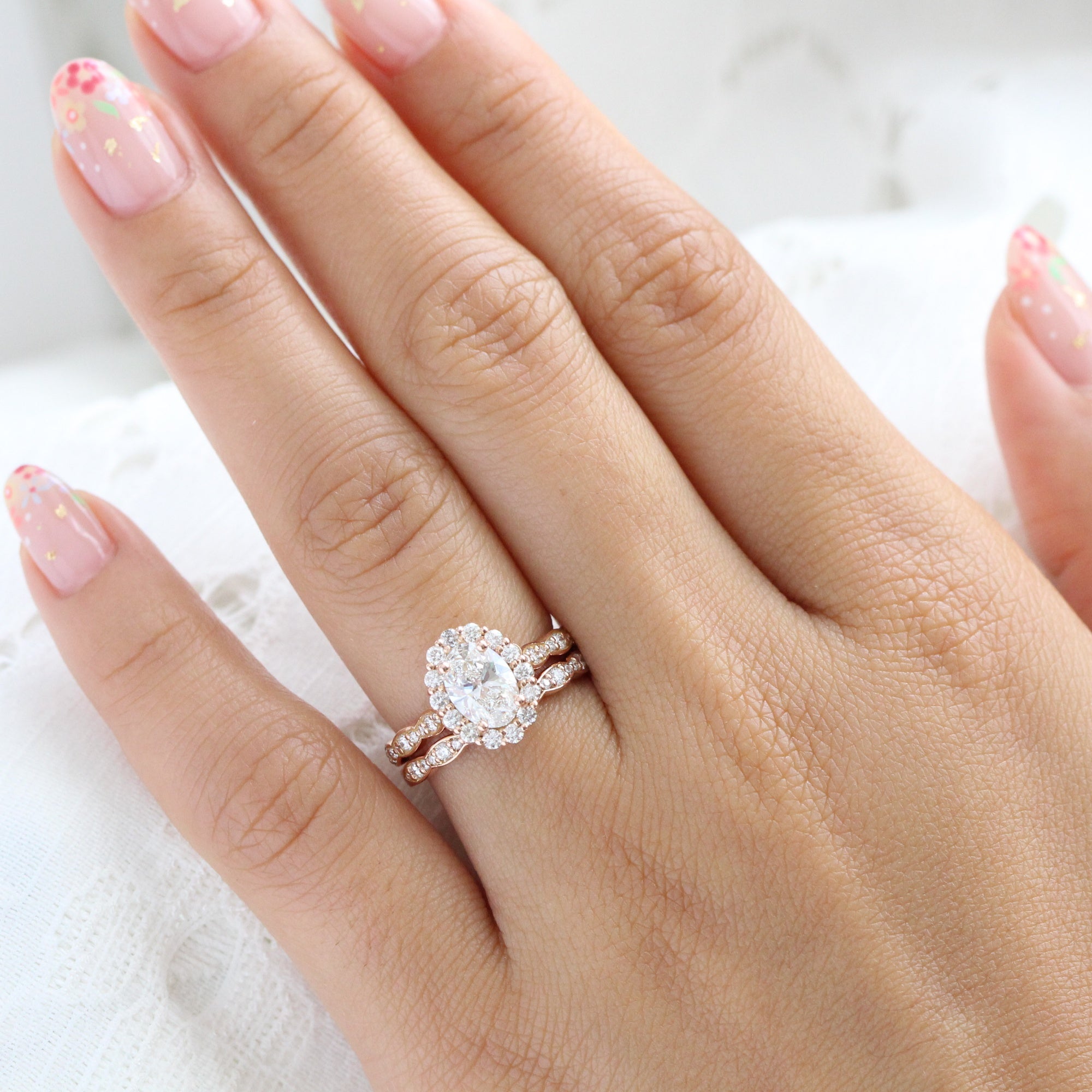lab diamond ring bridal set rose gold halo diamond engagement ring La More Design Jewelry