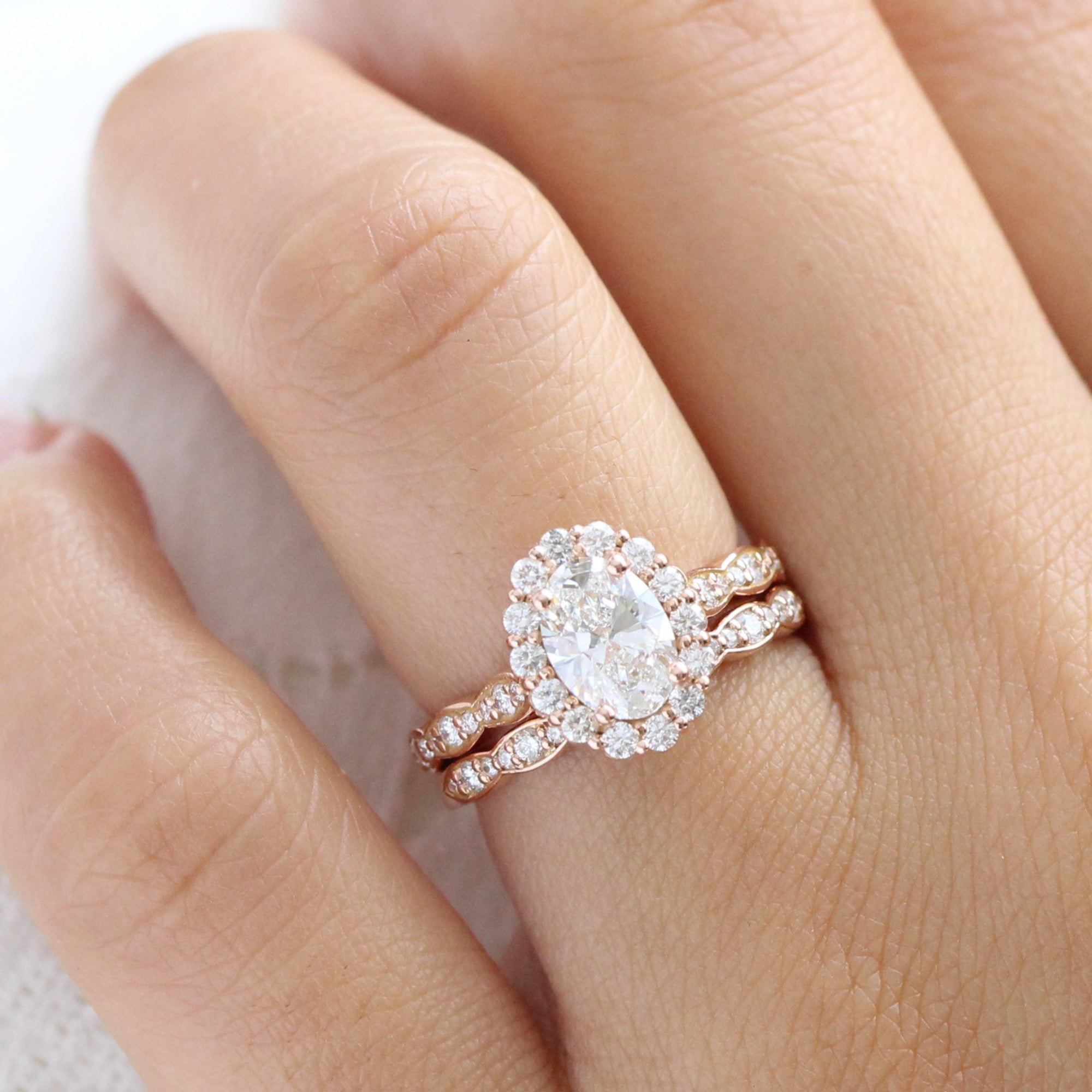 lab diamond ring stack rose gold halo diamond engagement ring set La More Design Jewelry