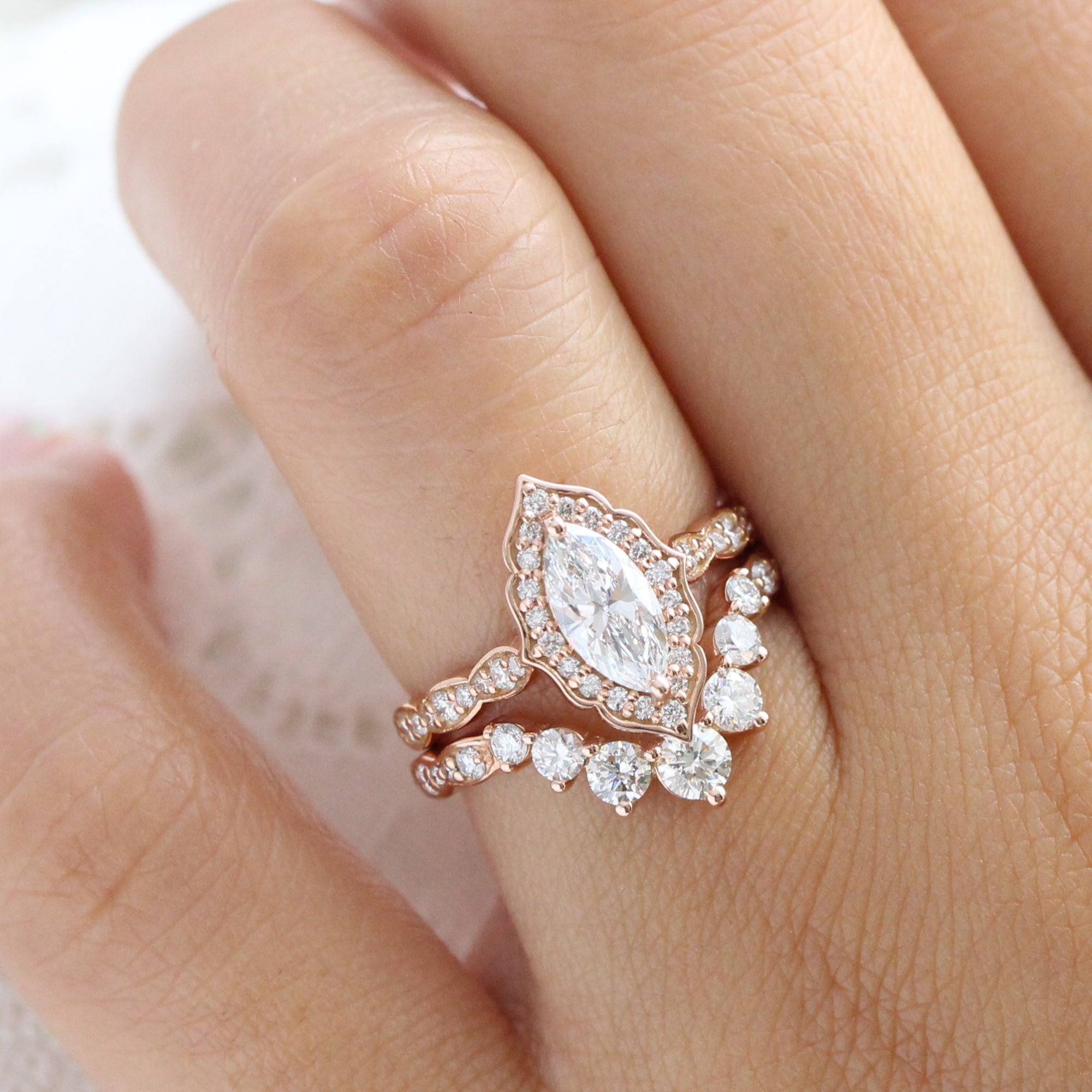lab diamond ring bridal set rose gold vintage halo marquise diamond engagement ring La More Design Jewelry