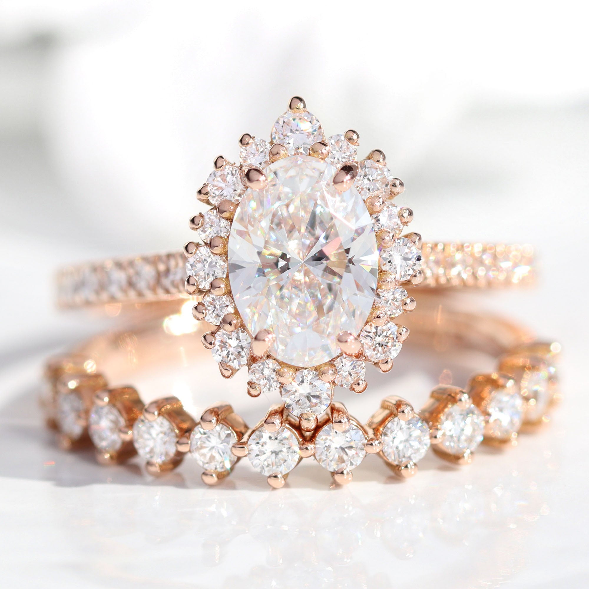lab diamond ring stack rose gold halo oval diamond engagement ring set La More Design Jewelry