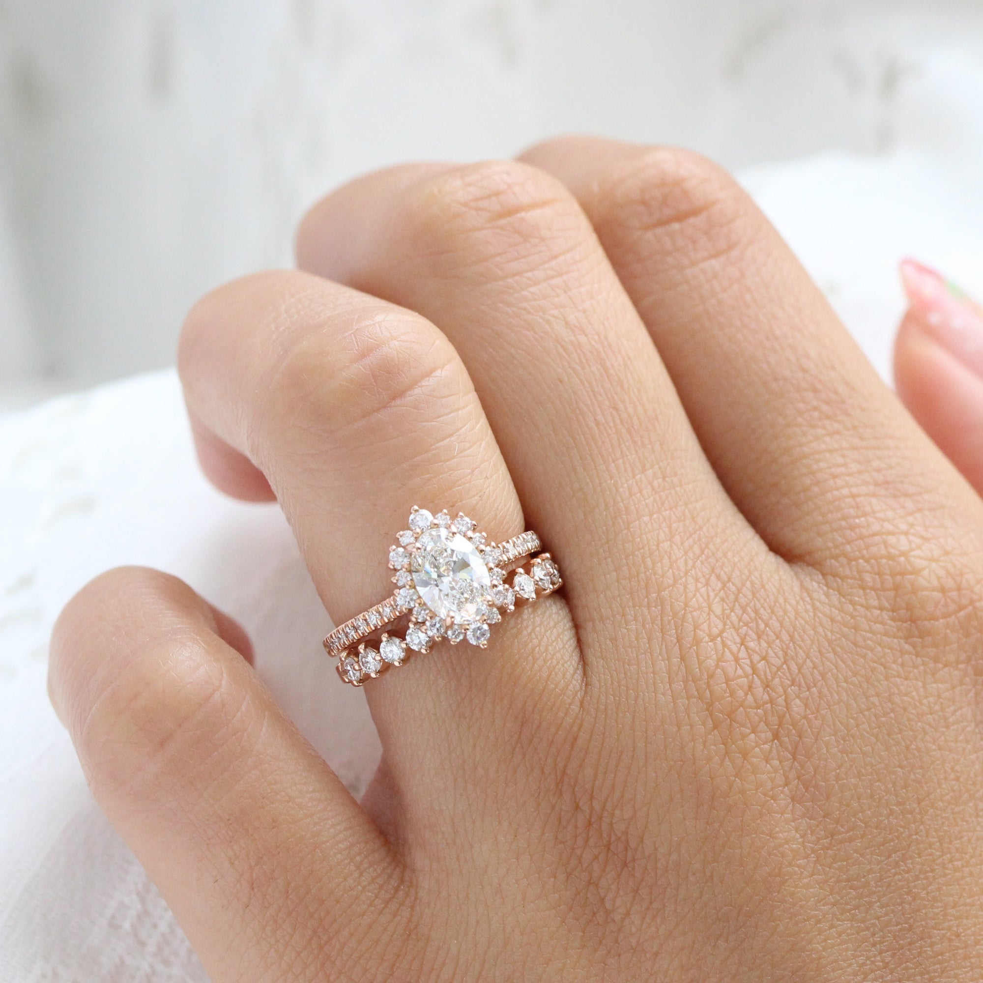 lab diamond ring bridal set rose gold halo oval diamond engagement ring La More Design Jewelry