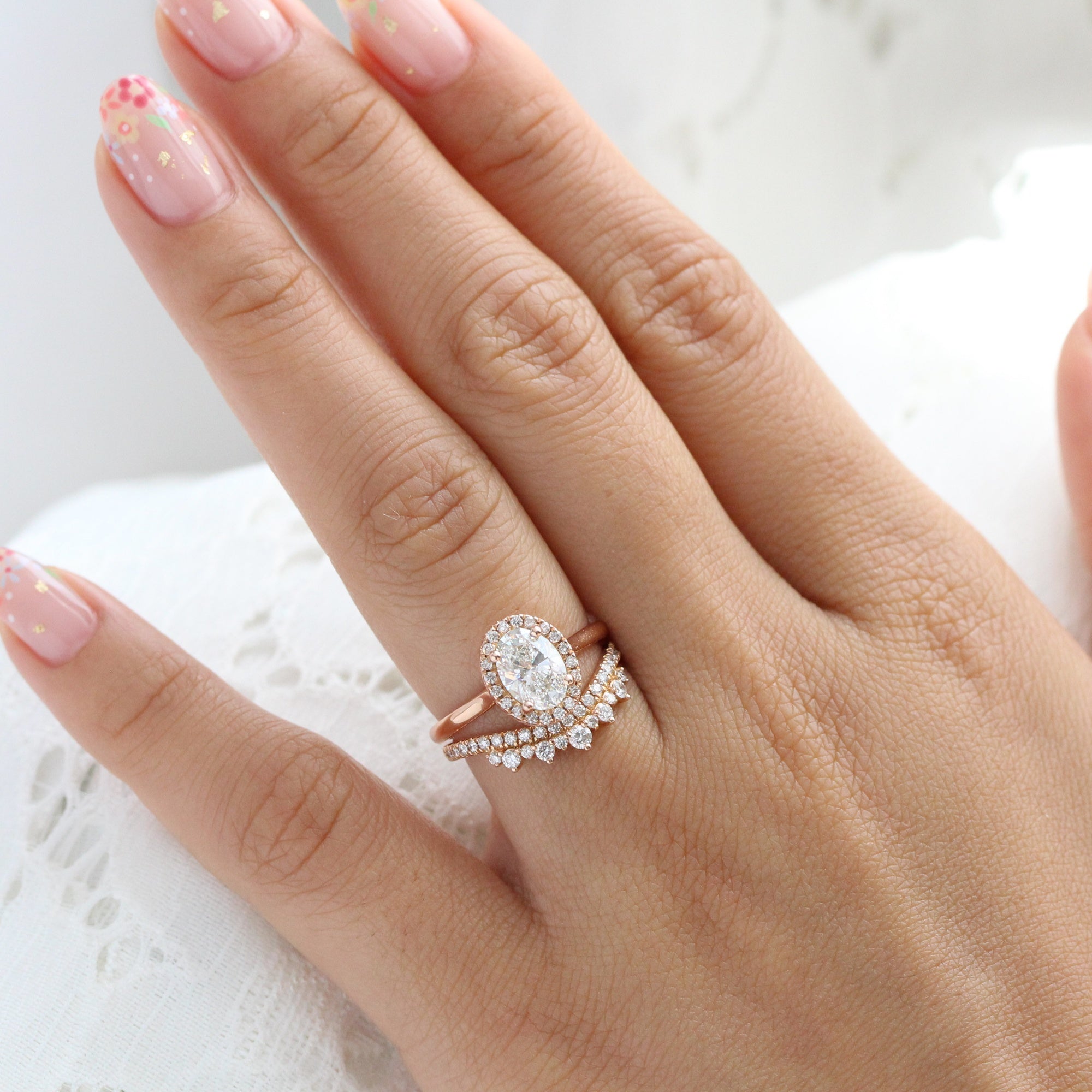 lab diamond ring bridal set rose gold halo oval diamond engagement ring La More Design Jewelry