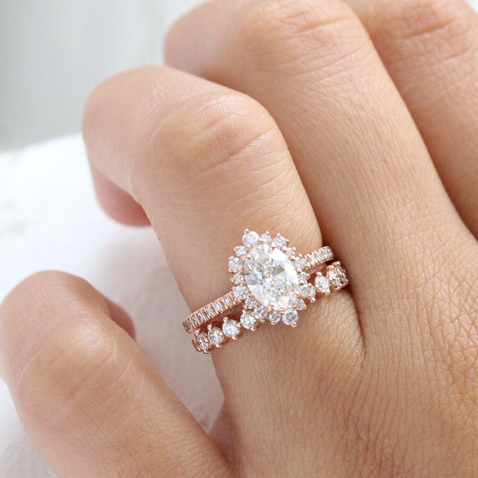 lab diamond ring stack rose gold halo oval diamond engagement ring set La More Design Jewelry