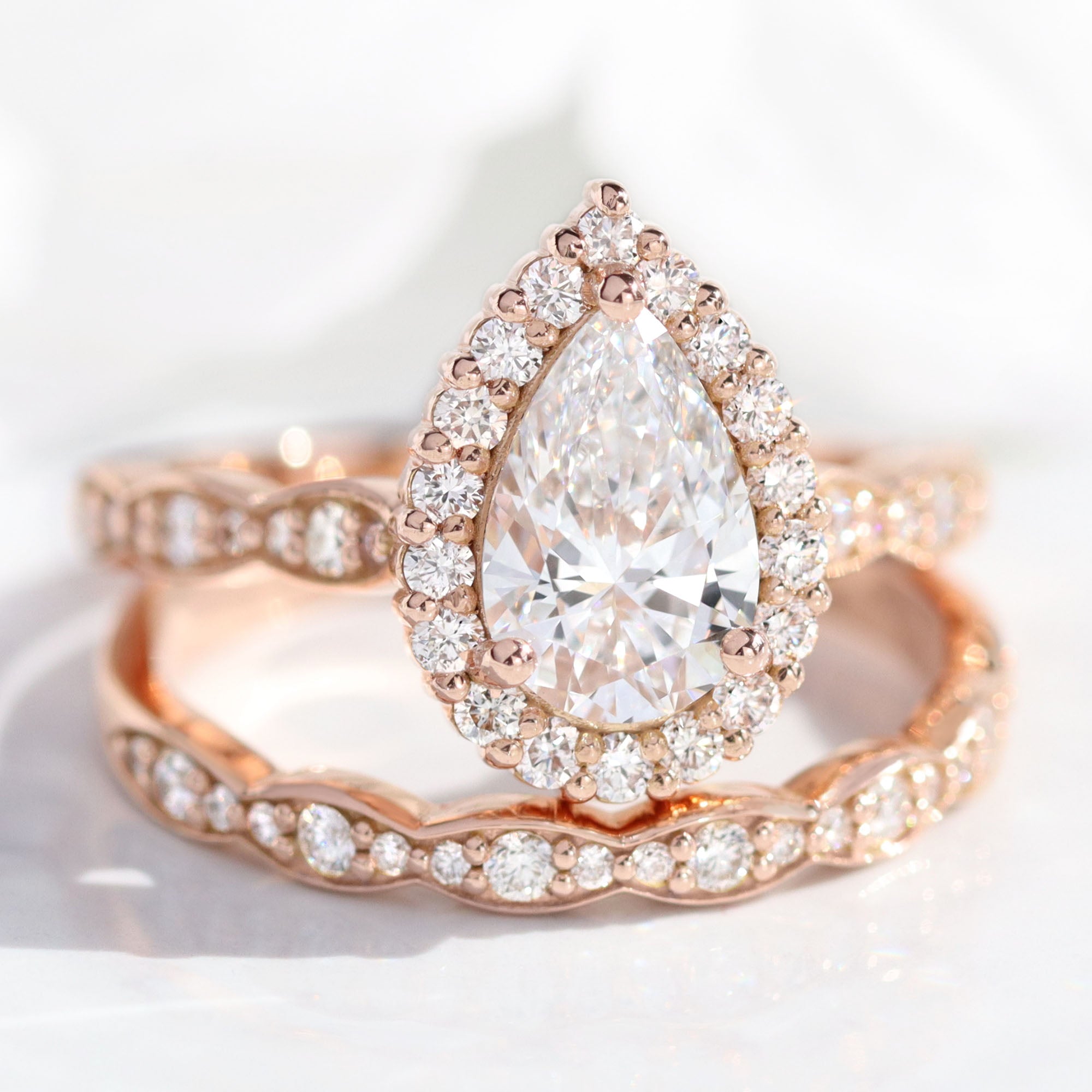 lab diamond ring stack rose gold halo pear diamond engagement ring set La More Design Jewelry