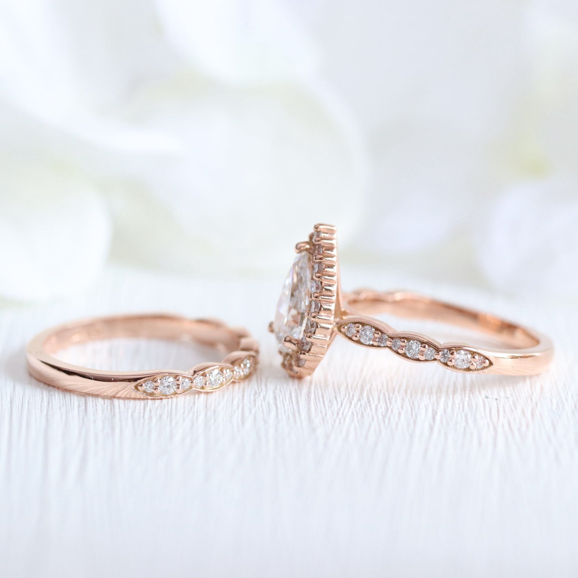 2 Ct Pear Lab Diamond Ring Stack Rose Gold Halo Pave Ring Bridal Set