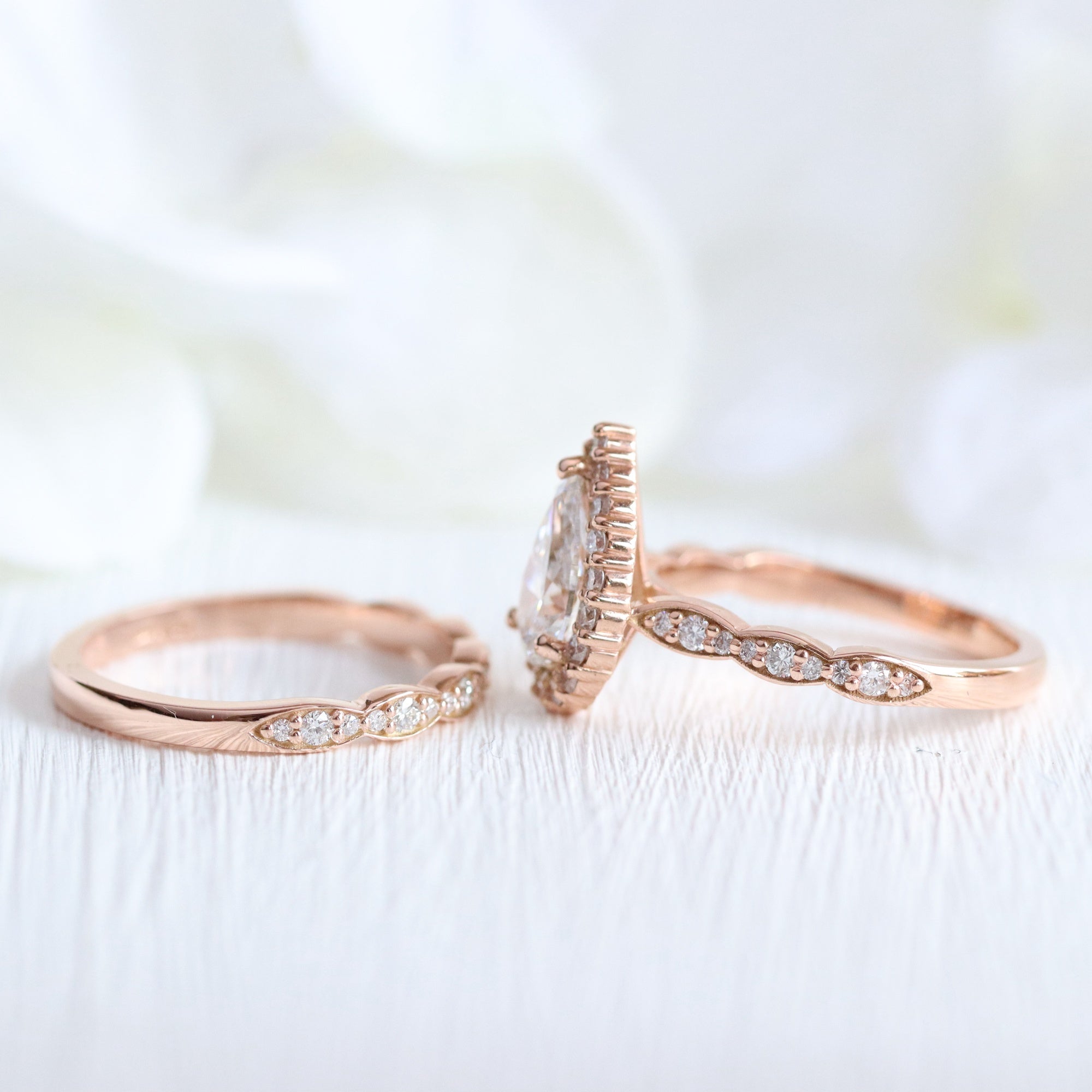 lab diamond ring bridal set rose gold halo pear diamond engagement ring La More Design Jewelry
