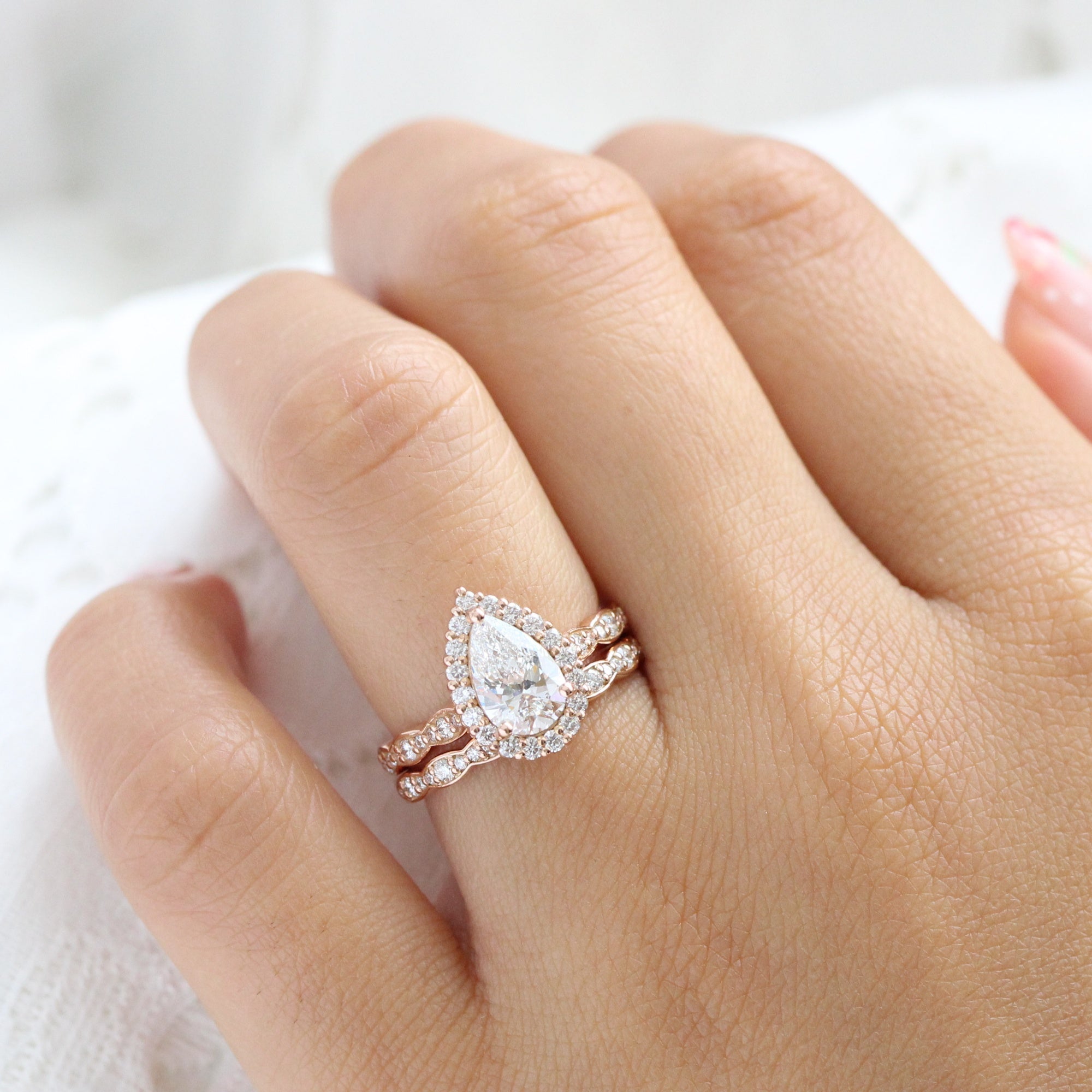 lab diamond ring bridal set rose gold halo pear diamond engagement ring La More Design Jewelry