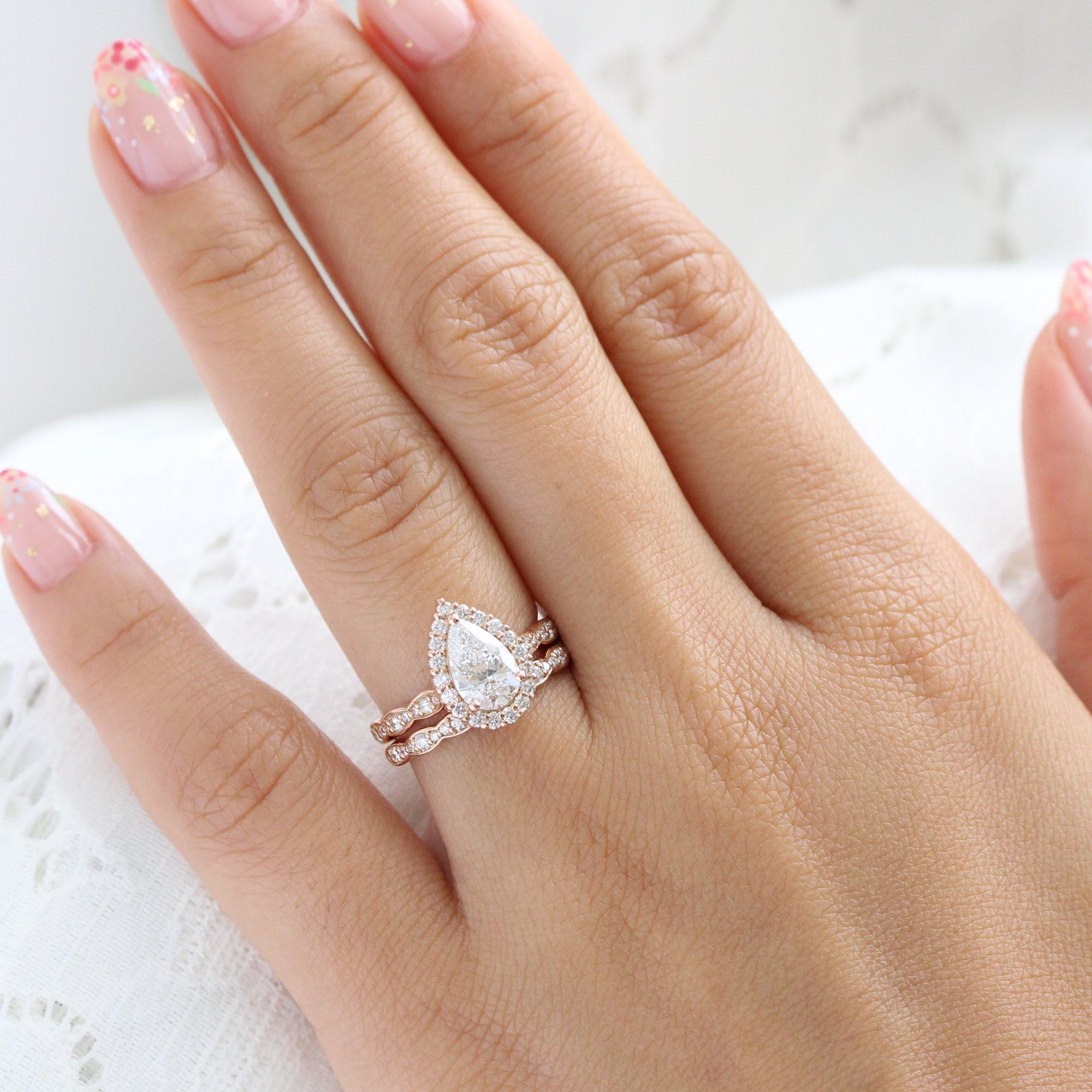lab diamond ring bridal set rose gold halo pear diamond engagement ring La More Design Jewelry
