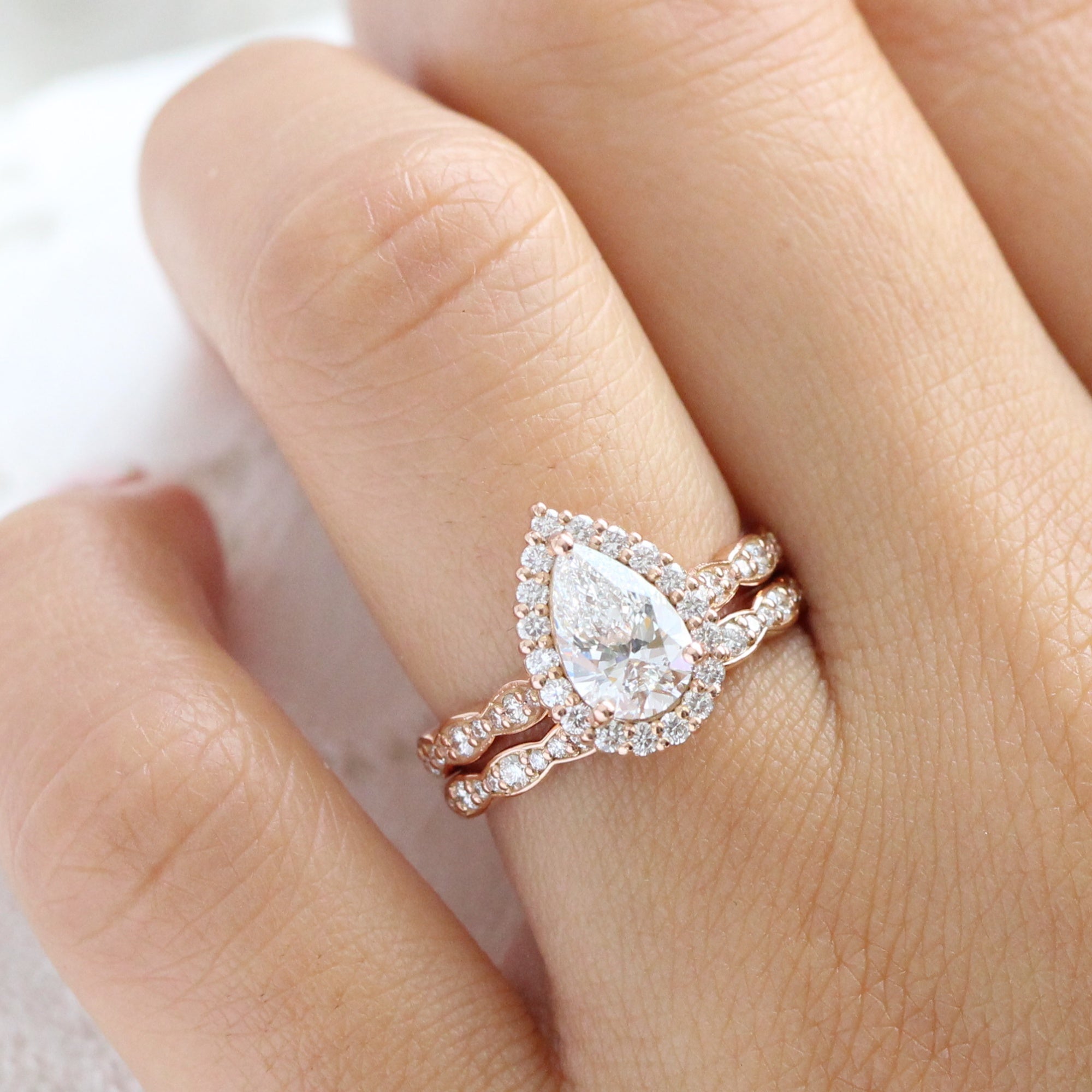 lab diamond ring stack rose gold halo pear diamond engagement ring set La More Design Jewelry