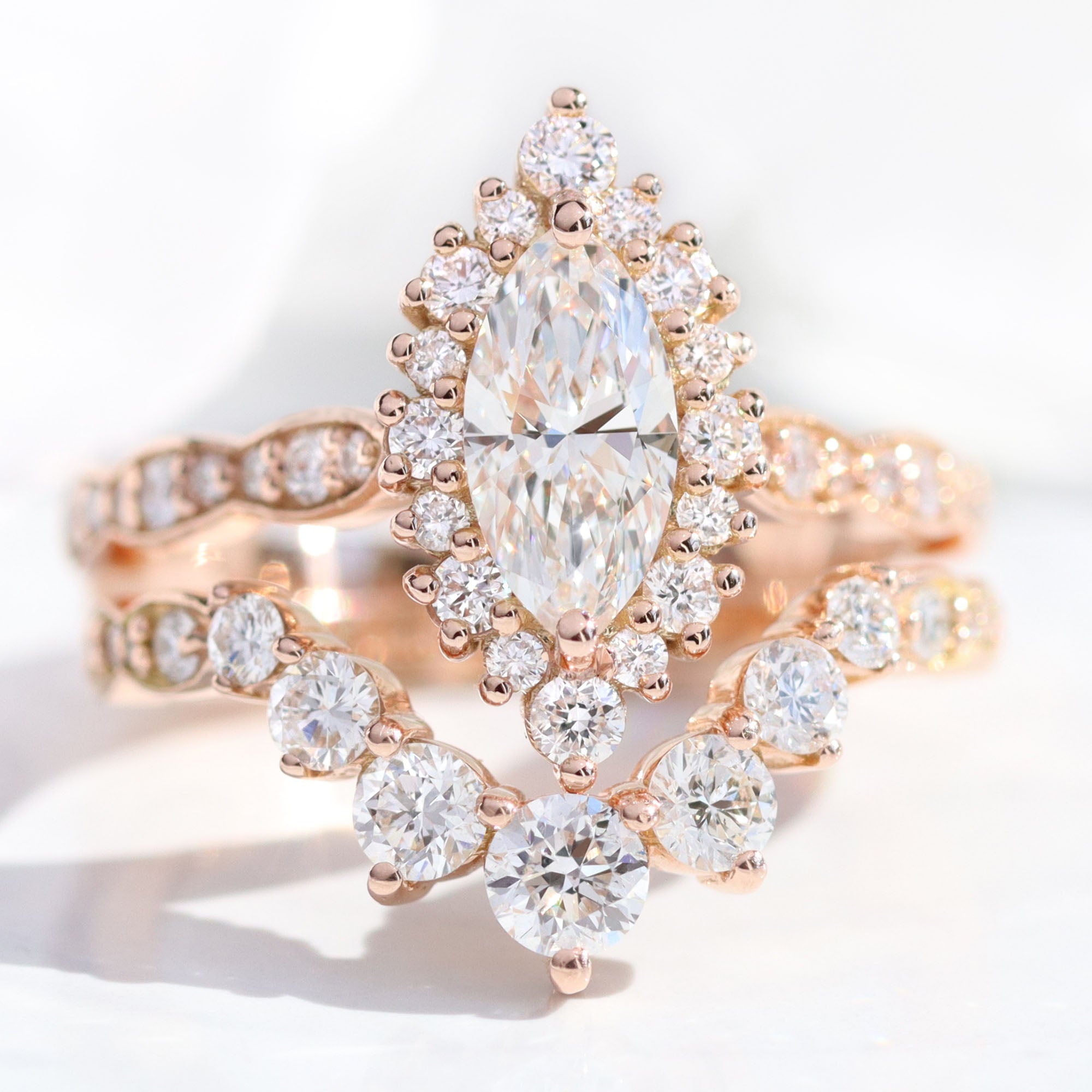 lab diamond ring bridal set rose gold marquise diamond halo engagement ring La More Design Jewelry
