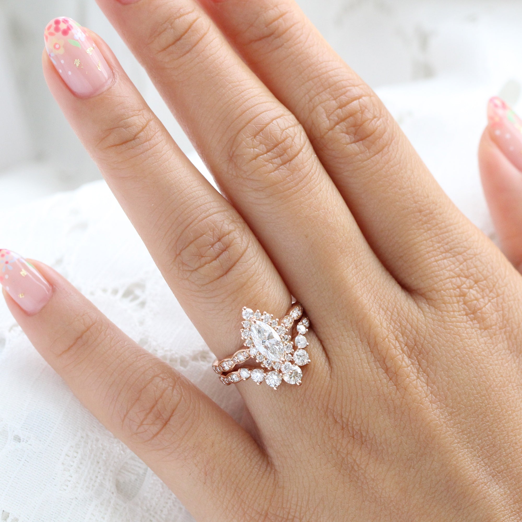lab diamond ring bridal set rose gold marquise diamond halo engagement ring La More Design Jewelry