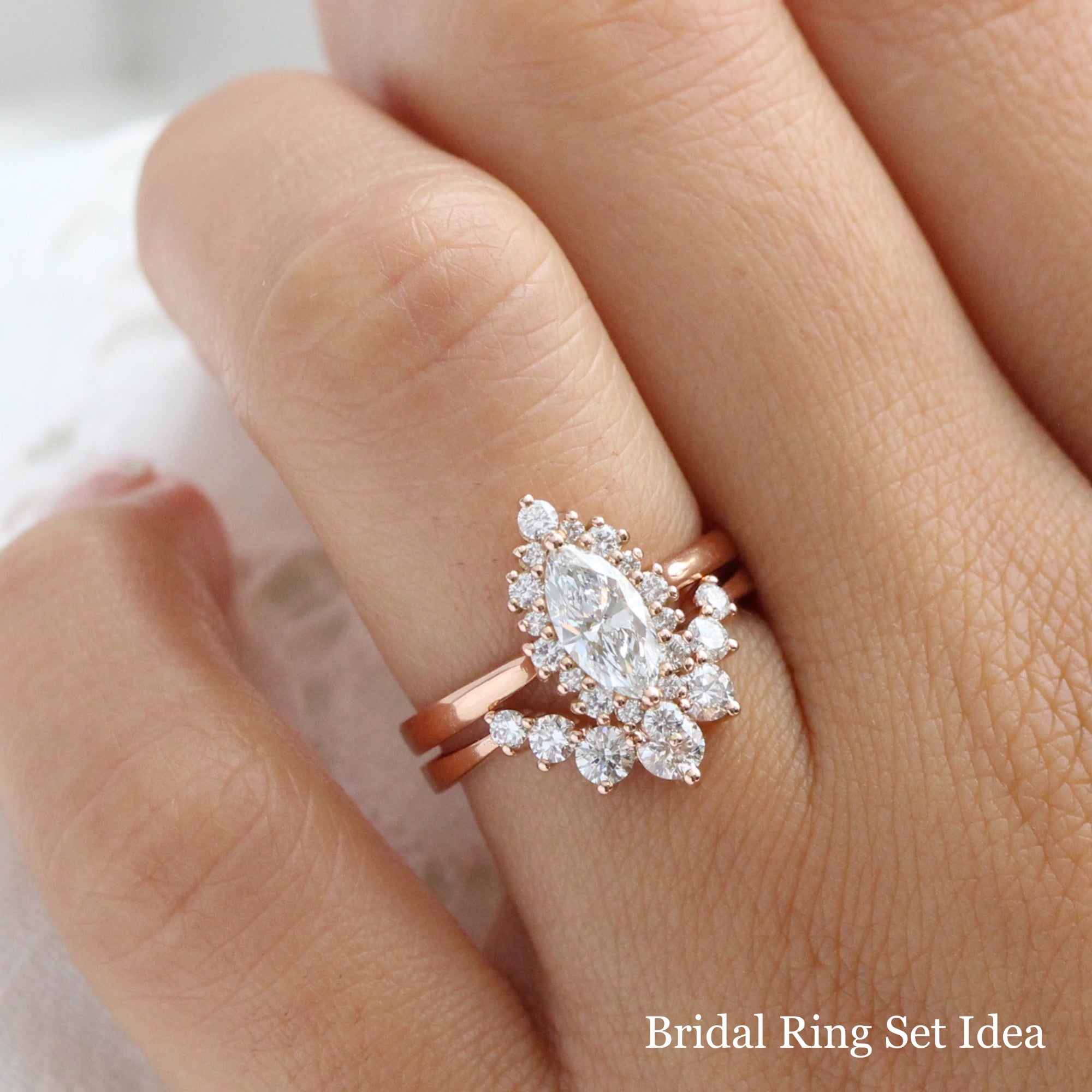 lab diamond ring bridal set rose gold marquise diamond halo engagement ring La More Design Jewelry